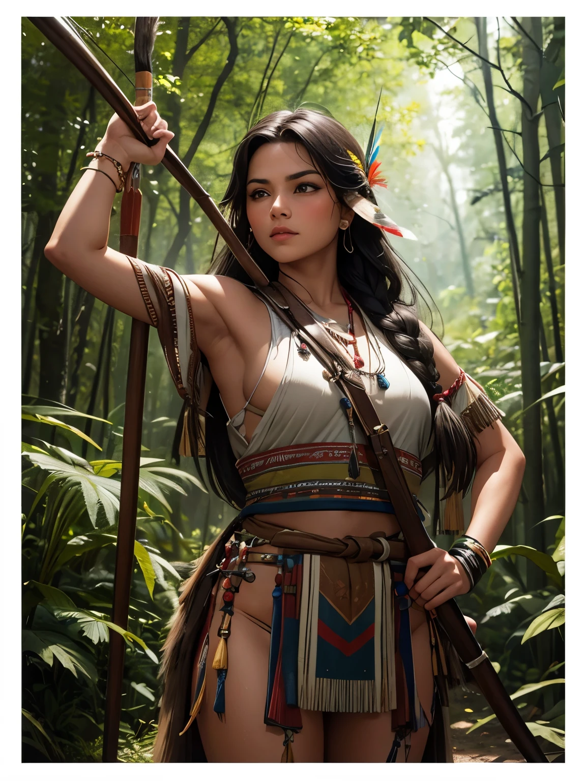 ((best quality)), (detailed), beautiful native American woman with with a bow and arrow, (hunting in a dark forest), feathers, native American, tribal, HDR, 4K, 3D.
