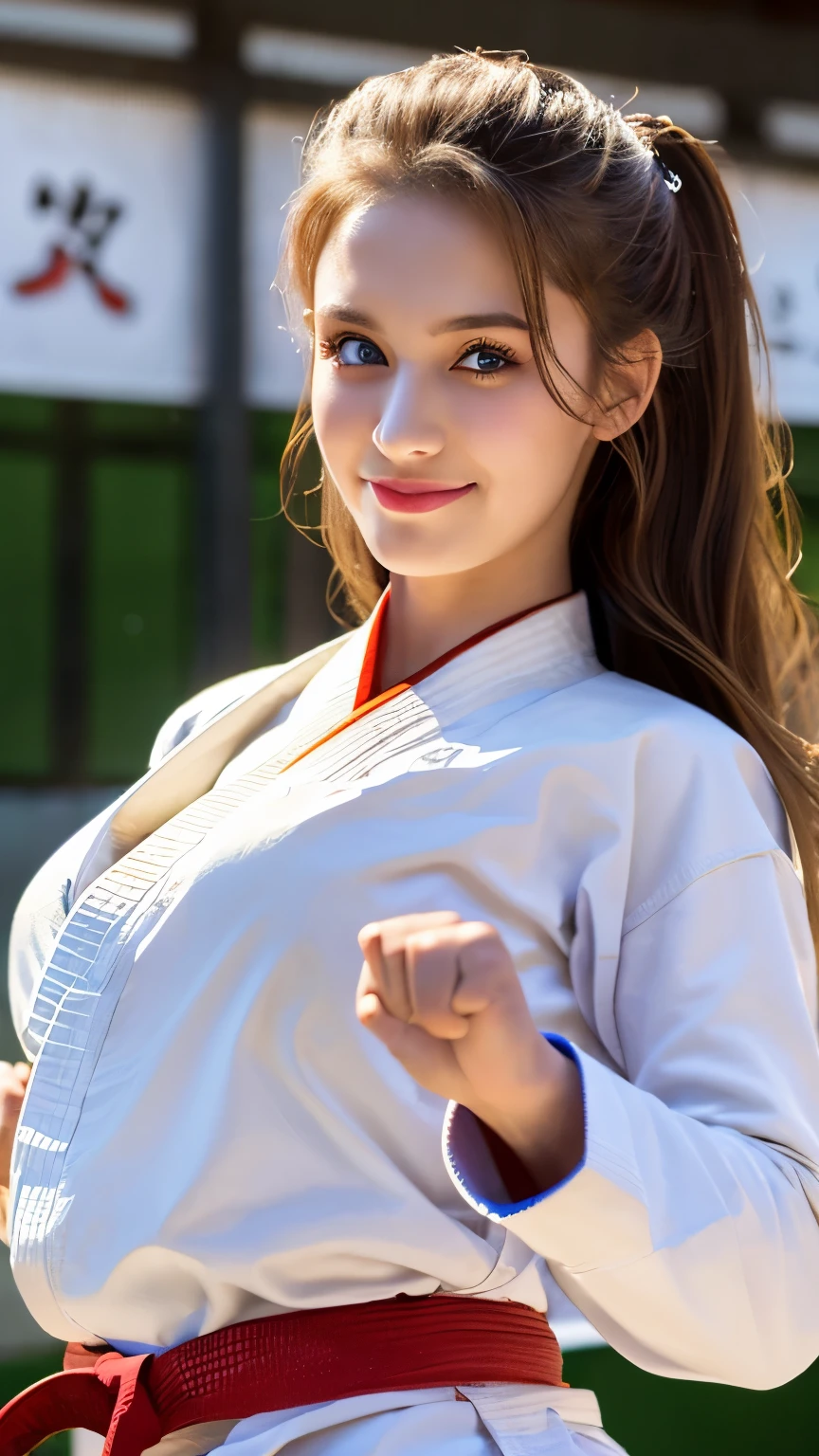 (best quality, ultra-high resolution, real, photorealistic:1.4 , 8K), BREAK, a Greek girl, solo, full body, BREAK, detailed hair, long blonde hair, hyper-detailed face, hyper-detailed skin, white skin, blue eyes, blushing cheeks, detailed red lips, big breasts, drunk, smile, BREAK, (detailed clothings, Karate gi:1.2, long sleeves, wearing a black belt:1.3, sunglass on her head:1.1), BREAK, (in the Karate dojo:1.6)