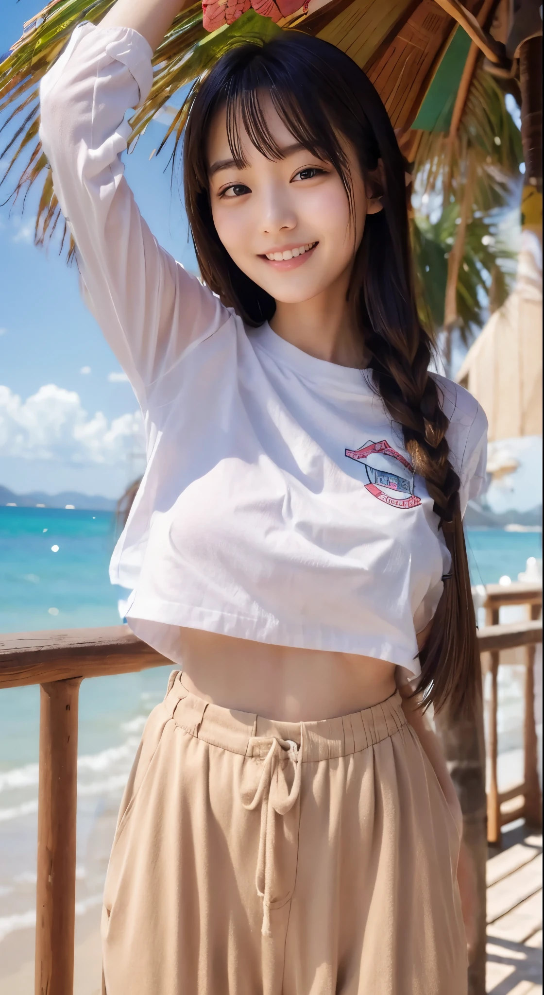 A close up of a woman standing on a beach near the ocean - SeaArt AI