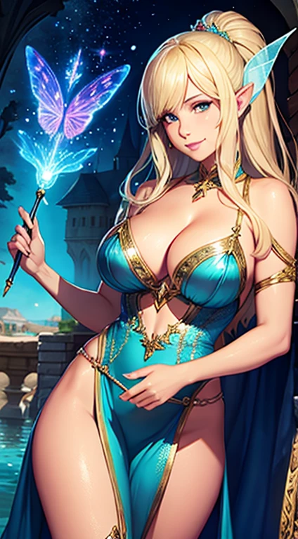 Fantasy image of Samantha Fox as a fairy, beautiful, transparent feathers on back, deep cleavage, wand in hand, smiling, enchanted castle in background, photorealistic image