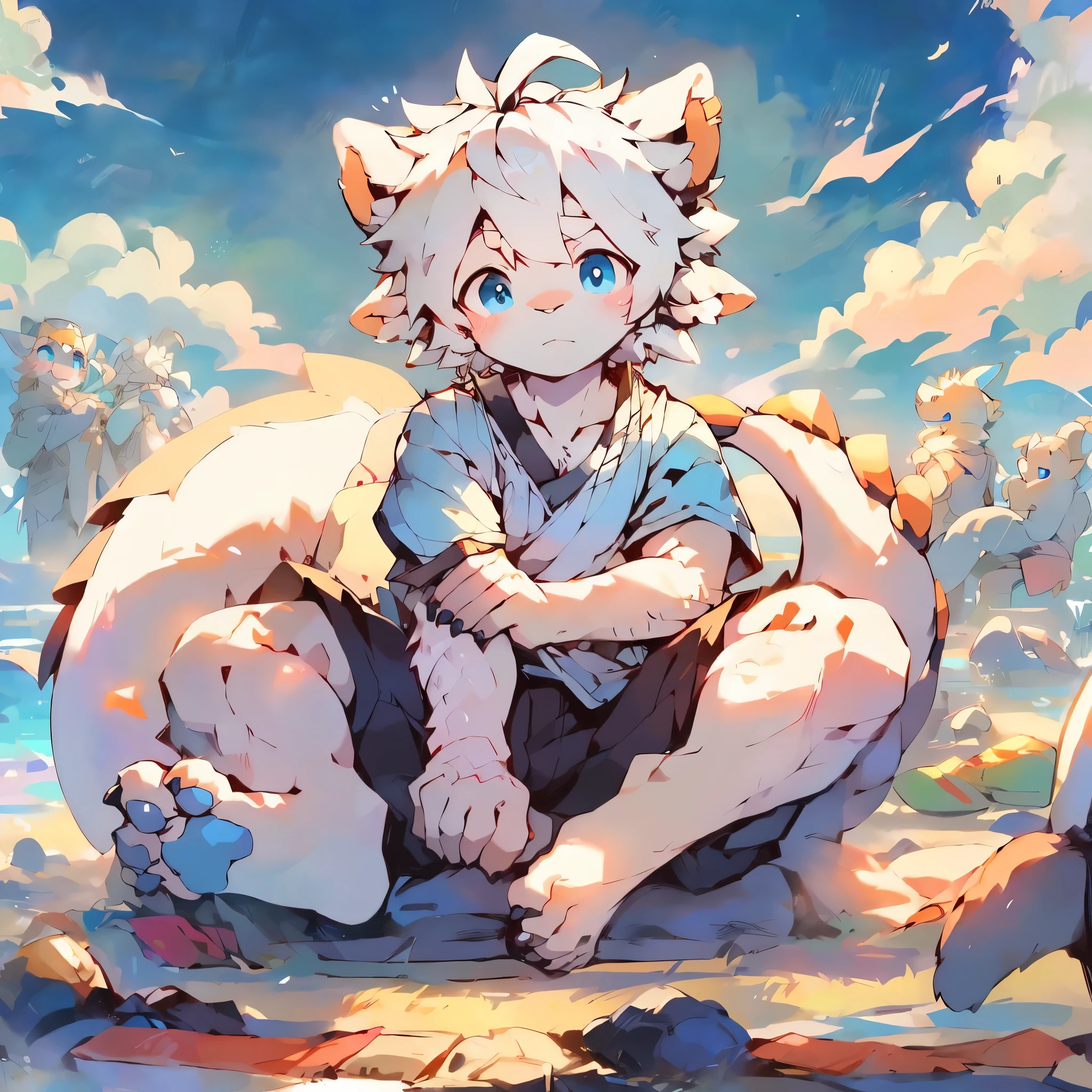 Black and white wind，Cat ear，Shota，blue eyes，white hair，sit on the grasoy，big tail，ear fin covering ear fin，furry，sports shirt，Dragon horns on top of head，There are fleshy pads on the hands and feet， style，high quality， colors，hairy，fine，one person，sky background，gentle