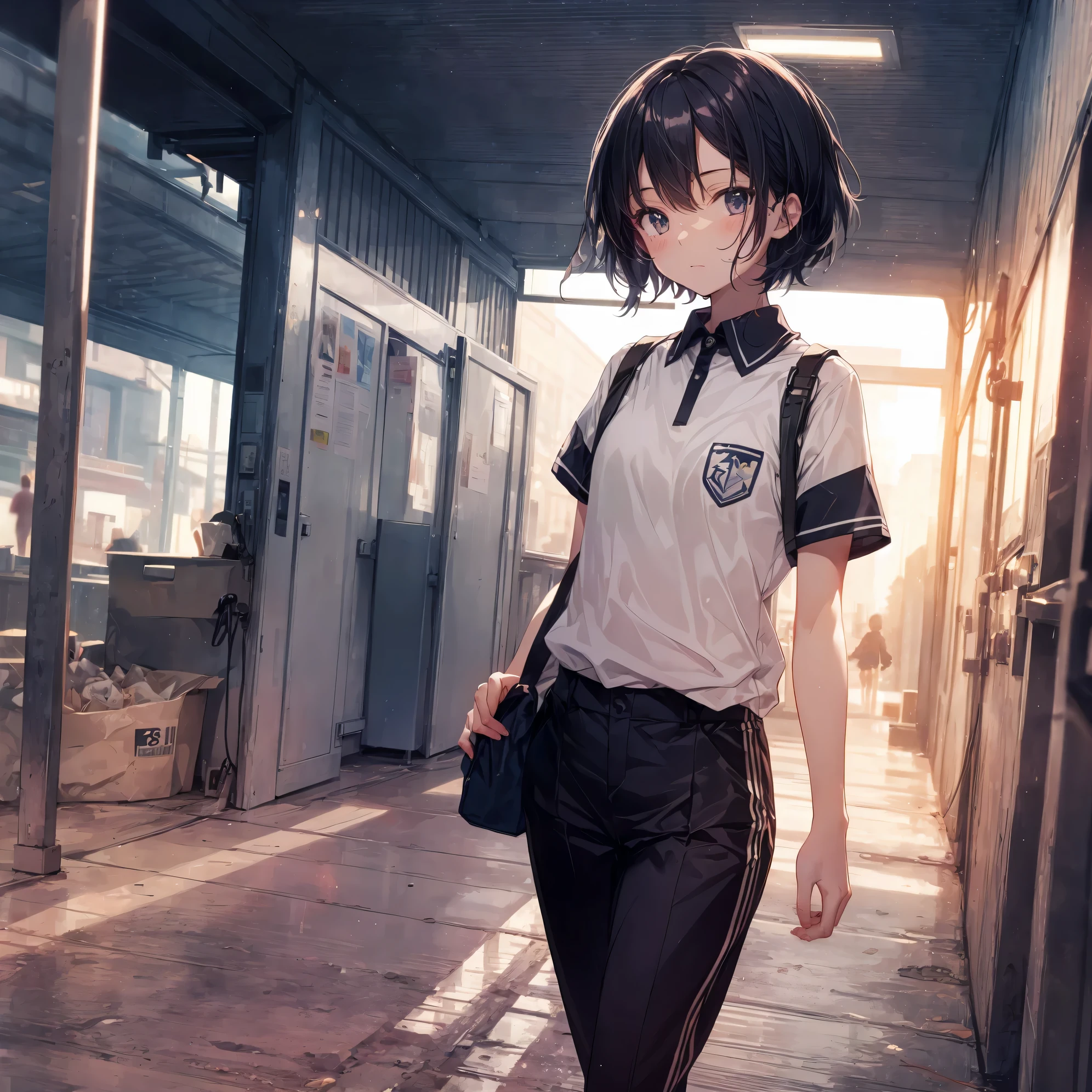 ultra-Top-quality by art God, ultra-detailed, high resolution, shinkai makoto style, anime moe artstyle, best anime 8k konachan wallpaper, pixiv contest winner, perfect anatomy, break,(Please draw a girl walking sleepily to school alone. ),break, a hyperrealistic schoolgirl, (Solo,Loli,,13-ye-ol3),Fulimbs, complete fingers,a junior high sccharm, (Very very Short hair), messy hair, flat soft chest, Small butt, groin, Small eyes,beautiful detailed black eyes, well-proportioned iris and pupils, disgusted eyes, highres detailed hair, school Uniform, skirt, in the School commute route. break,super detailed skin, Best lighting powered by famous artist, 8k, illustration,