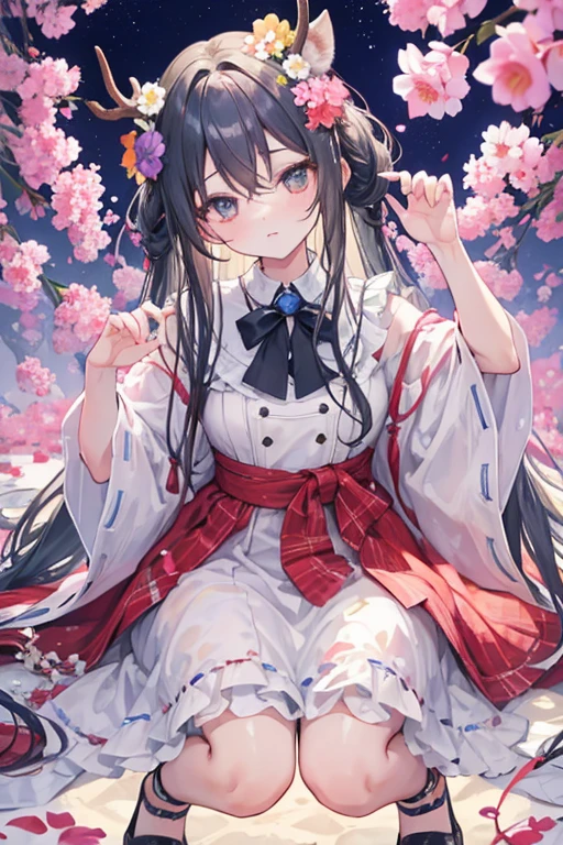 unparalleled beauty,perfect face、、magazine cover、(Gray wavy hair),perfect eyes、old-fashioned costume、retro style、Colorful flower garden、spring、Deer antlers grow from the head、Gothic Lolita、ファッションmodel、、model、Director Makoto Shinkai'a backdrop of、white rabbit、the setting sun、Five-storied Pagoda、、Full body Esbian,