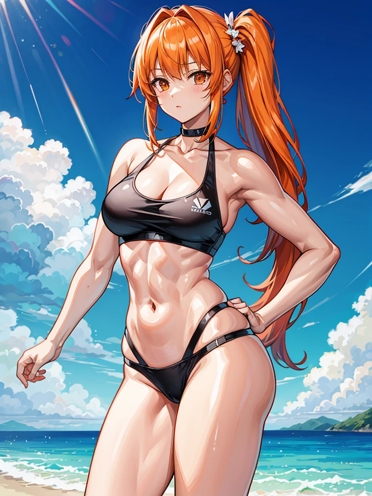 (((masterpiece、Highest image quality、highest quality、highly detailed unity 8kwallpaper)))、((Illustration of one girl))、(((beautiful girl)))、((orange hair、side ponytail、orange eyes))、(((stocky build:1.2, thickset physique, muscular legs, broad shoulders, solid chest)))、swimsuit、sandy beach