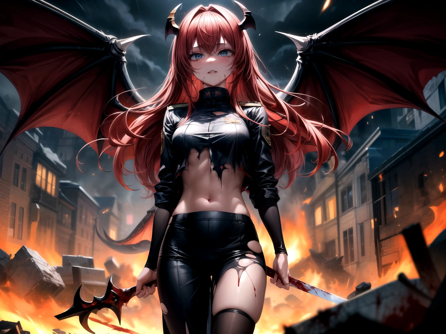 1girl,black military uniform,wide hips, red hair,long hair,floating hair, blue eyes, debris,close-up, walking, explosive in background,fire in background,sword, dragon horns,( dragon wings),dragon tail, (blood on face),(torn clothes), blood on clothes, scar, midriff, parted lips, dark sky, storm,blood from eyes,embers,