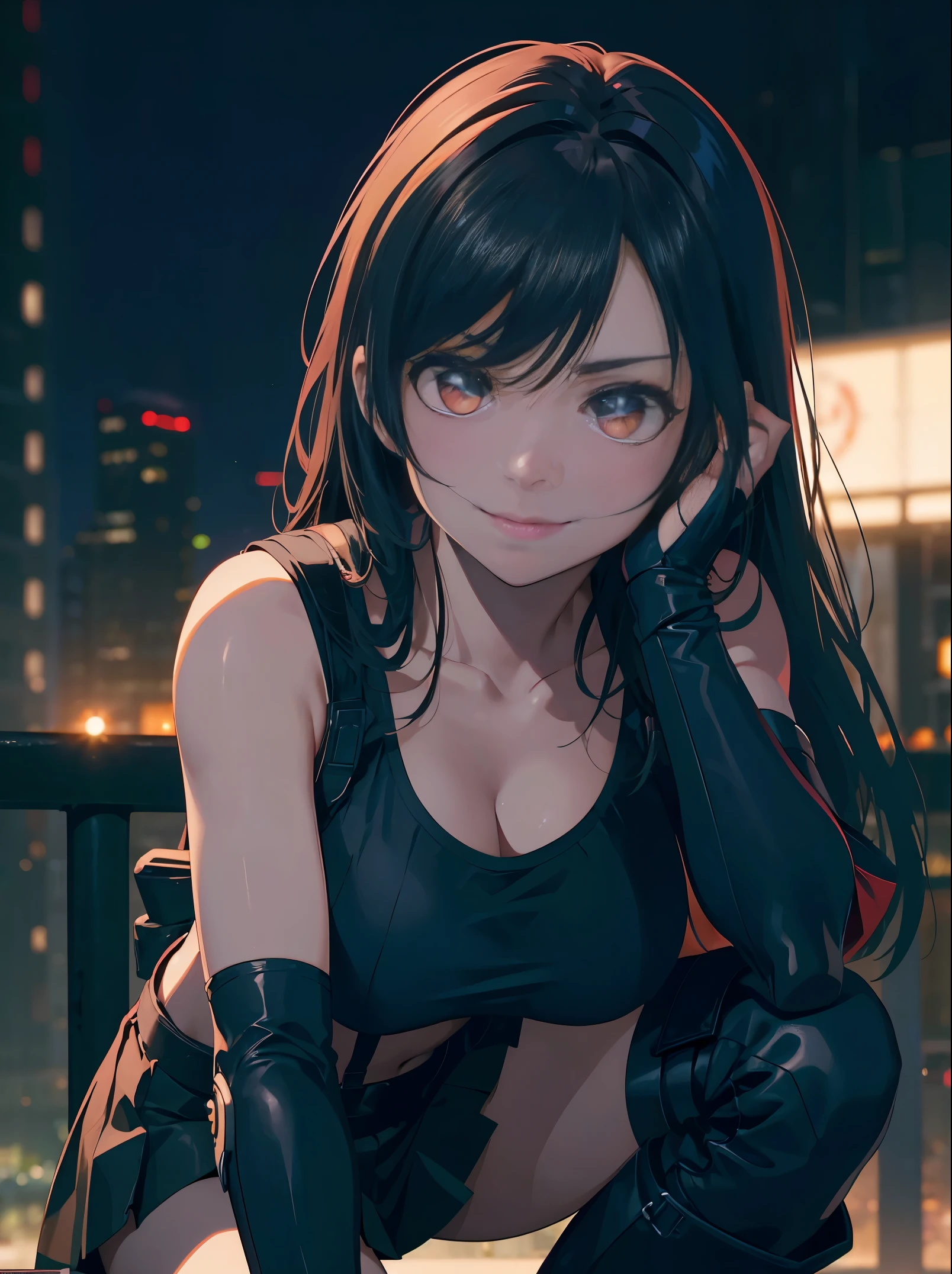 (8K, Best Quality, Masterpiece: 1.2), (Realistic, Photorealistic: 1.37), Super Detail, One Girl, Cute, Solo, (Tifa Lockhart), (Big Breasts), (Beautiful Eyes), (Smile: 1.2), Closed, Model Pose, (Green Neon), Cityscape, Depth of Field, Dark Strong Shadows, Sharp Focus, Motion Blur, Depth of Field, composition, , Final Fantasy VII, (nose brush), single elbow pads, ankle boots, black hair, red boots, elbow gloves, elbow pads, fingerless gloves, sports bra, black skirt (suspenders), white tank top: 1.5, full body, headrest, beauty face, low tie long hair, (red_eyes), (night: 1.5), complex, Cinematic Lighting, Photon Mapping, Radiosity, Physically Based Rendering, (Tetsuya Nomura style), Perfect Breast, Cleavage: 1.2,