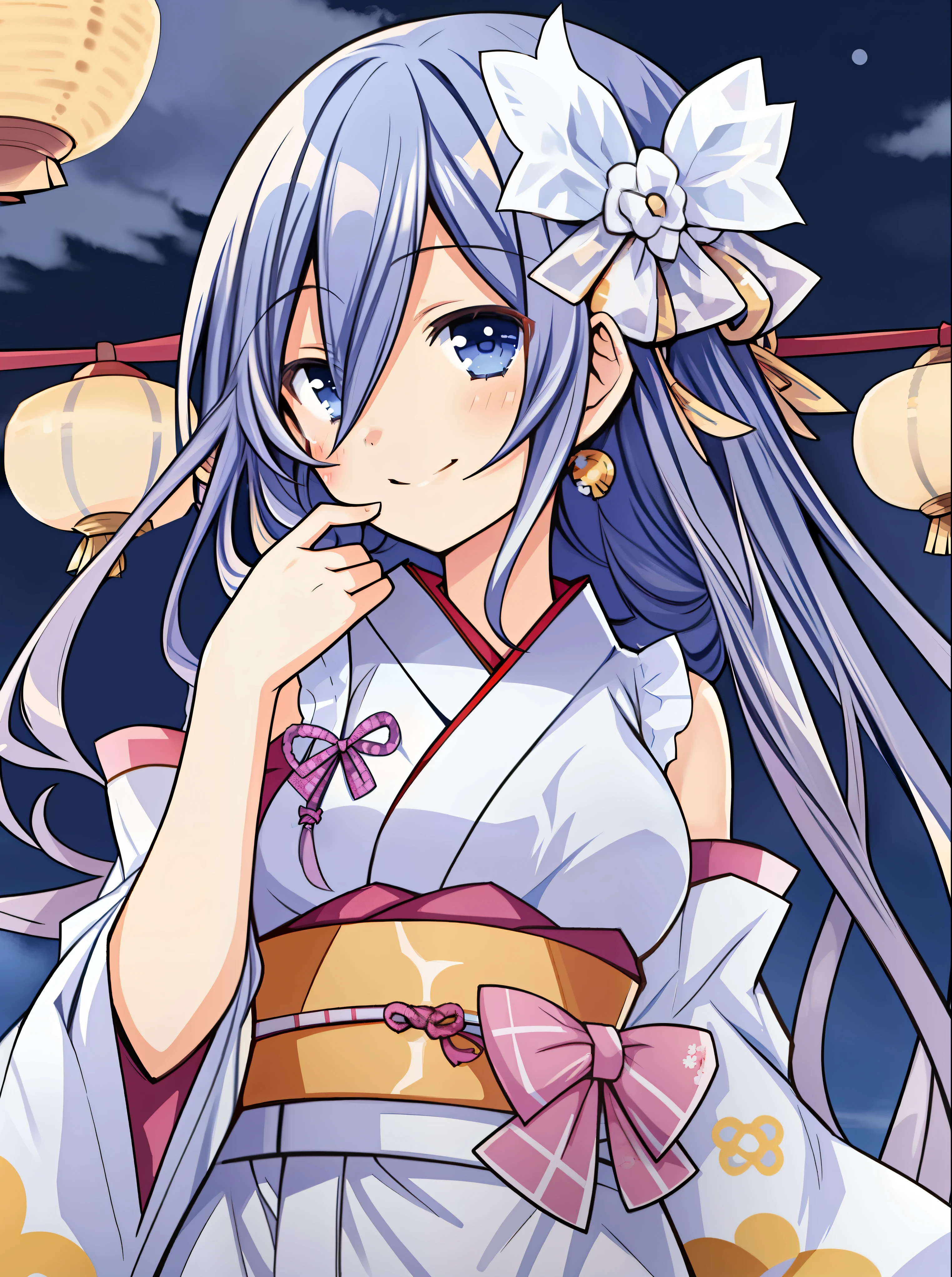 Takamiya Mio, ultra high quality, 1girl, solo, beautiful girl, light smile, open eyes, detailed eyes, girl wearing a kimono, pretty anime girl, night, pale blue hair, long hair, bangs, kimono, festival, untied ribbon