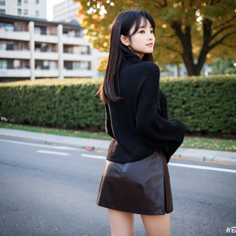 back view,Asians,Dark hair,Heel,one piece,beautiful,back,Fashionable,sweater,skirt,