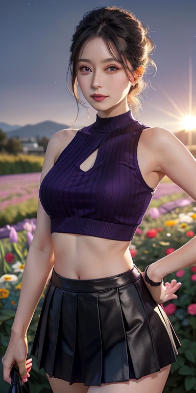 actual, 1 mature woman, purple eyes, glowing eyes, crop top, Pleated skirt, miniskirt，open, blush, night, flowers, sun, sunlight,