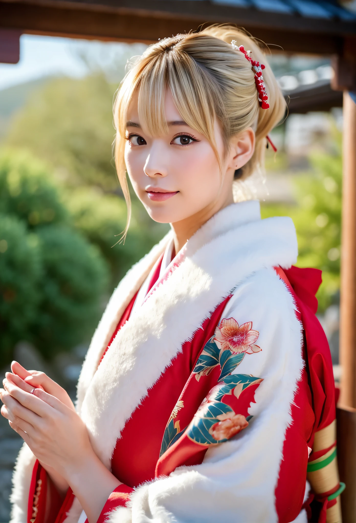 Ultra-realistic photo quality、8K high definition photo、beautiful face、beautiful eyes、beautiful skin、beautiful hands、beautiful fingers、Adult Japanese woman in kimono、She wears a red kimono with a dragon pattern on it.、wears a long white fur scarf around his neck、She has her blonde hair up and wears a super flashy hair ornament.、Looking towards the camera、His hands are lowered and cannot be seen outside the screen.、Commemorative photo、Japanese style shrine、winter landscape、Plants do not have leaves or flowers、Quite a lot of worshipers in the background、There are no trees or flowers