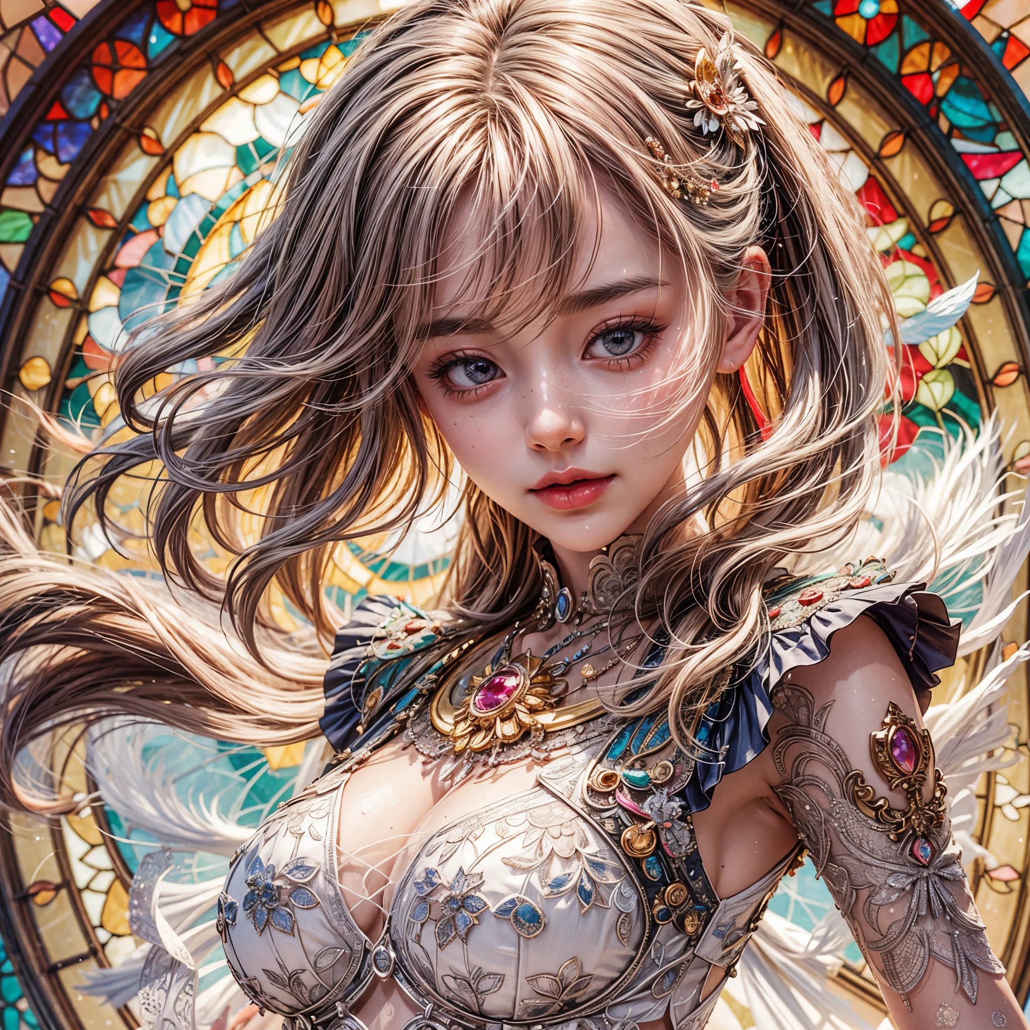 in ((WHITE)) and Delicate lace , with Glossy RED lips, (Exposed:1.2), (:-0.9), { closeup of Cute lips | Dynamic-angle }, ((Dazzling stained glass Background)), (( colorful Light shines through stunning elaborate stained glass:1.2)), vivid Red colors . ((Acutance:0.8, physically-based rendering)), (masterpiece:1.2), (ultra-detailed:1.35), (realistic, photorealistic, ((photo-realistic:1.37))with touch of rawness) . ((Renbutsu Misako)), (Extremely detailed KAWAII face variations, with Dynamic expressions), detailed eyes with sparkling highlights, captivating gaze, long eyelashes, subtle blush on the face, rosy cheeks, impeccable oiled ivory skin texture . { full of flowers covering girl's body | Mystic sight | haze | Light Particle | Lens Particle | Lens Flare | Dazzling Floating Halo | Overflowing sideboob } . (((large eyes:-0.8))),((( not Detailed fingers:-0.9))) .