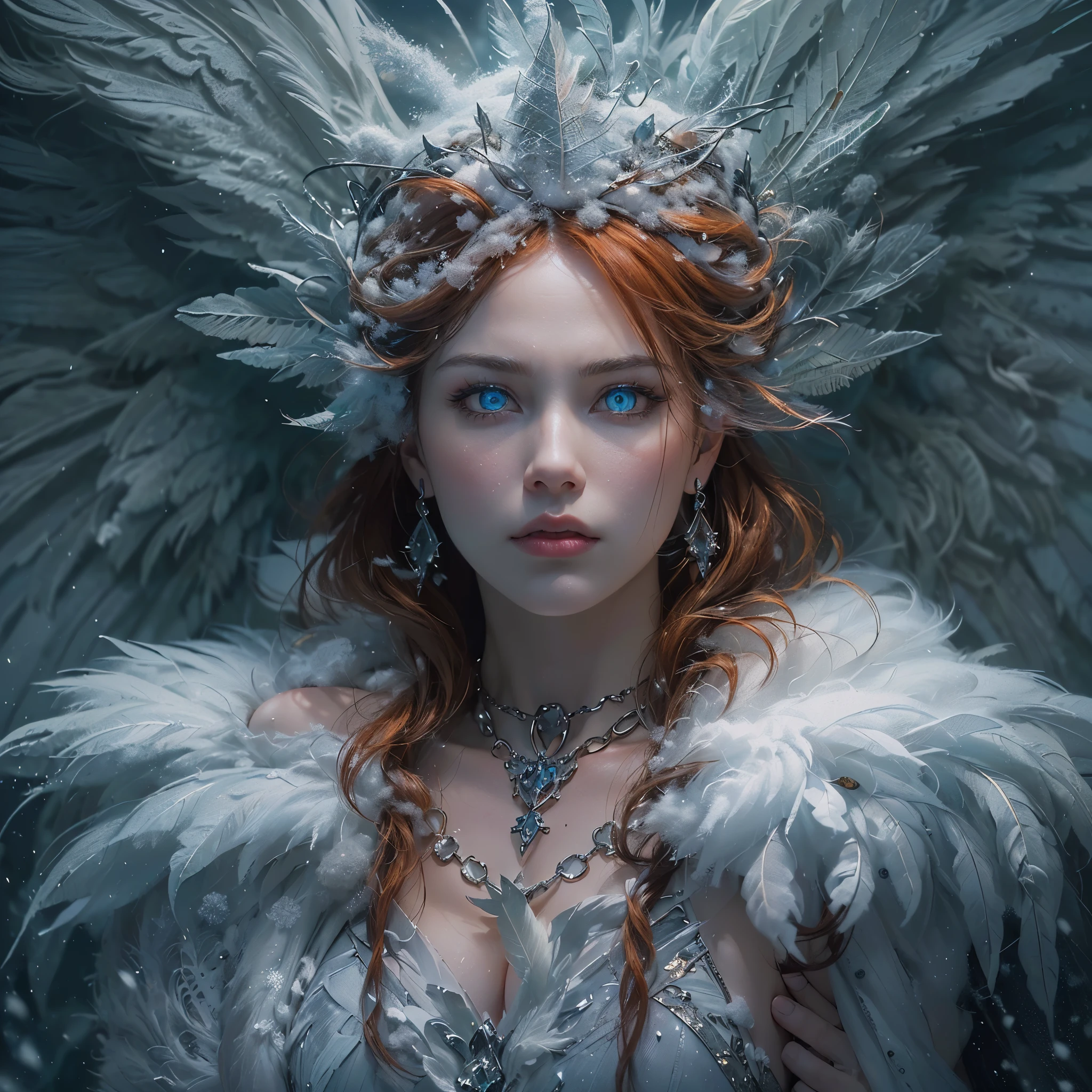 (award-winning masterpiece, incredibly detailed, textures and maximum detail), (hyper realism:1.4), (realism:1.3), (top quality realistic textured skin), (detailed circular symmetrical eye-catching exquisite face), ((medieval world)), ((devil)), ((lord is frozen (frozen arctic devil), (eyes bright and burning like snow), (eyes glowing in the dark:1.8), (strong light from within:1.7), (pure white snow costume), ((and strong snow swirls in the background)), ( dramatic light), (magnificent view), (her expression is gentle and beautiful, but somehow terrifying), (large wings with feathers behind her shoulders:1.6), snow glass earrings, (dramatic photo:1.7), (seductive pose), ((dramatic pose)), (gorgeous photo), ( red hair), , (full-length portrait:1.7), ((examining)), ((looking down)), (full-length standing figure:1.8), (gives full-length standing figure:1.8), (elaborately crafted necklace of snow around her neck), (bioluminescent with brilliant glow:1. 1), (swirls and snow ), Satanic great temple, Satanic great temple, old ruins with vegetation, great temple, cathedral, temple ruins, temple away from temple, (glowing magic circle), ruins of ancient castle, abandoned ruins, crumbling ruins, epic realism, faded, art book, (greg latkowski :0.8), (teal and orange:0.4) (art book station:1.5), cinematic, ((neutral tints)), (ticker:1.5), (muted colors:1.2), highly detailed, dramatic rehabolate details:1.1), background complex, snow, snow flake