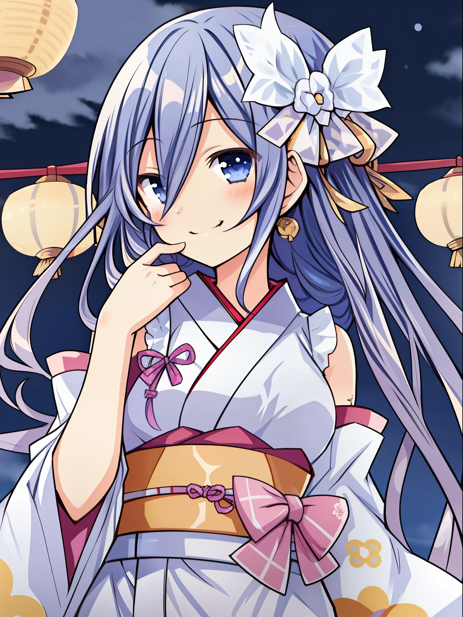 Takamiya Mio, ultra high quality, 1girl, solo, beautiful girl, light smile, open eyes, detailed eyes, girl wearing a kimono, pretty anime girl, night, pale blue hair, long hair, bangs, kimono, festival, untied ribbon