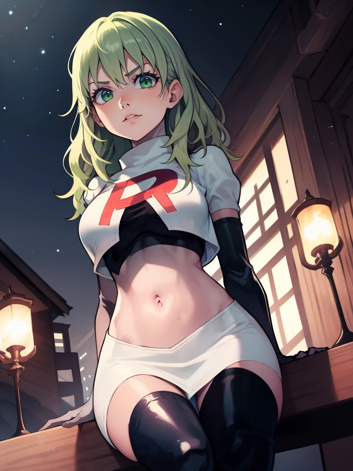 fembyleth, light green hair ,glossy lips ,team rocket uniform, red letter R, white skirt,white crop top,black thigh-high boots, black elbow gloves, sinister villianess look,  looking down on viewer, sitting ,crossed legs, night sky background