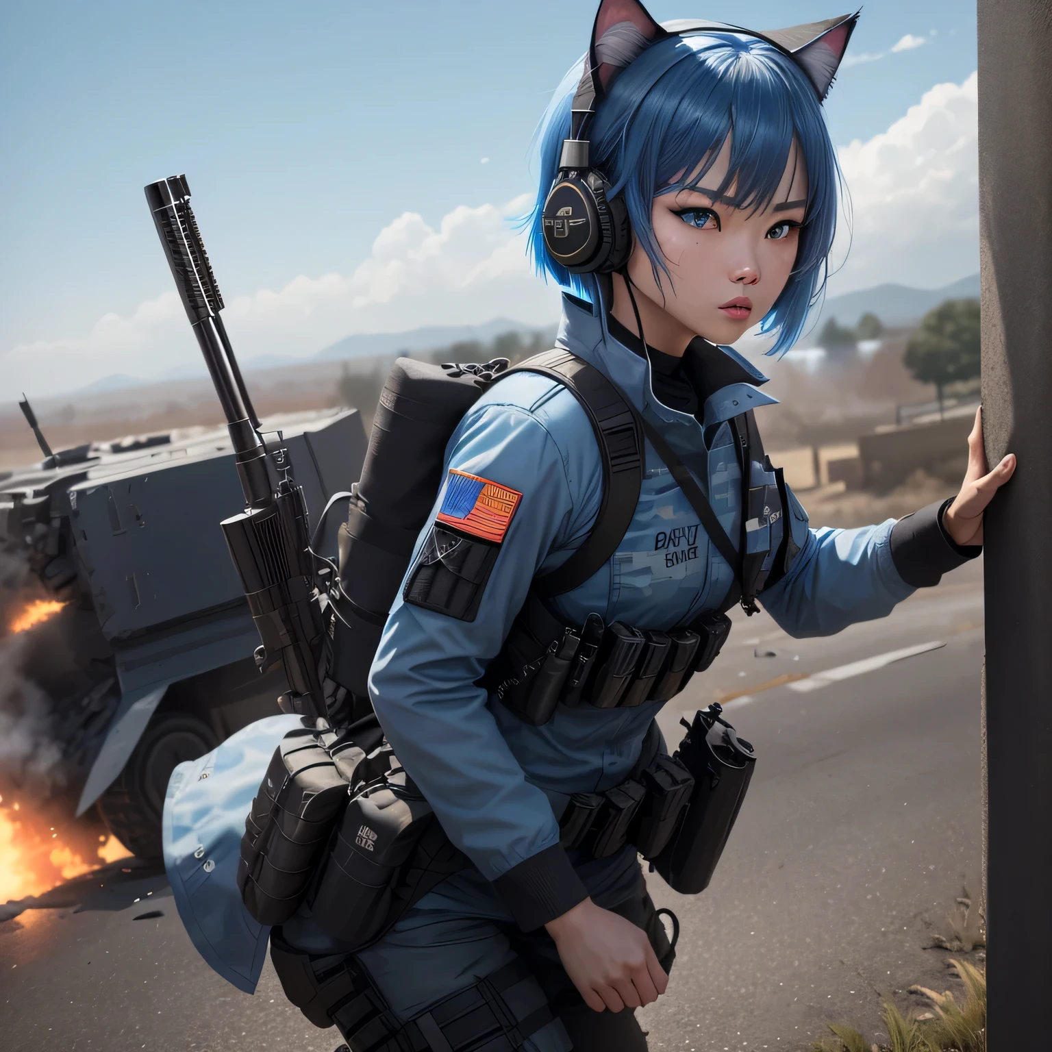(8k, HDR, RAW photo, best quality, masterpiece:1.2, cinematic lighting), close up view, cinematic view, cinematic angle, a scene of battlefield, (Korean woman fight in battlefield), military, combat pose, solo, (thin face), realistic beautiful face, very detailed face, shocked expression, (bob cuts hair), ((sky blue hair)), path traced hair, (sky blue cat ears), ((sky blue eyes)), beauty eyes, (flat chest), (small breast), ((tactical black headset)), black camo uniform, black shoulder pads, black tactical vest, black armor pads, tactical socks, black tactical pants, detailed and complex busy background, barricade, shooting, bullet rain, fire, explosion, (Battlefield:1.3), look up, upper body