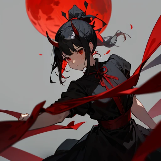 1 girl,black hair,disheveled ponytail,red eyes,delicate eyes,Dancing alone,Large ribbon,Horns on the head,The background is a stage with no one,a world without anyone,A big red moon is in the background,