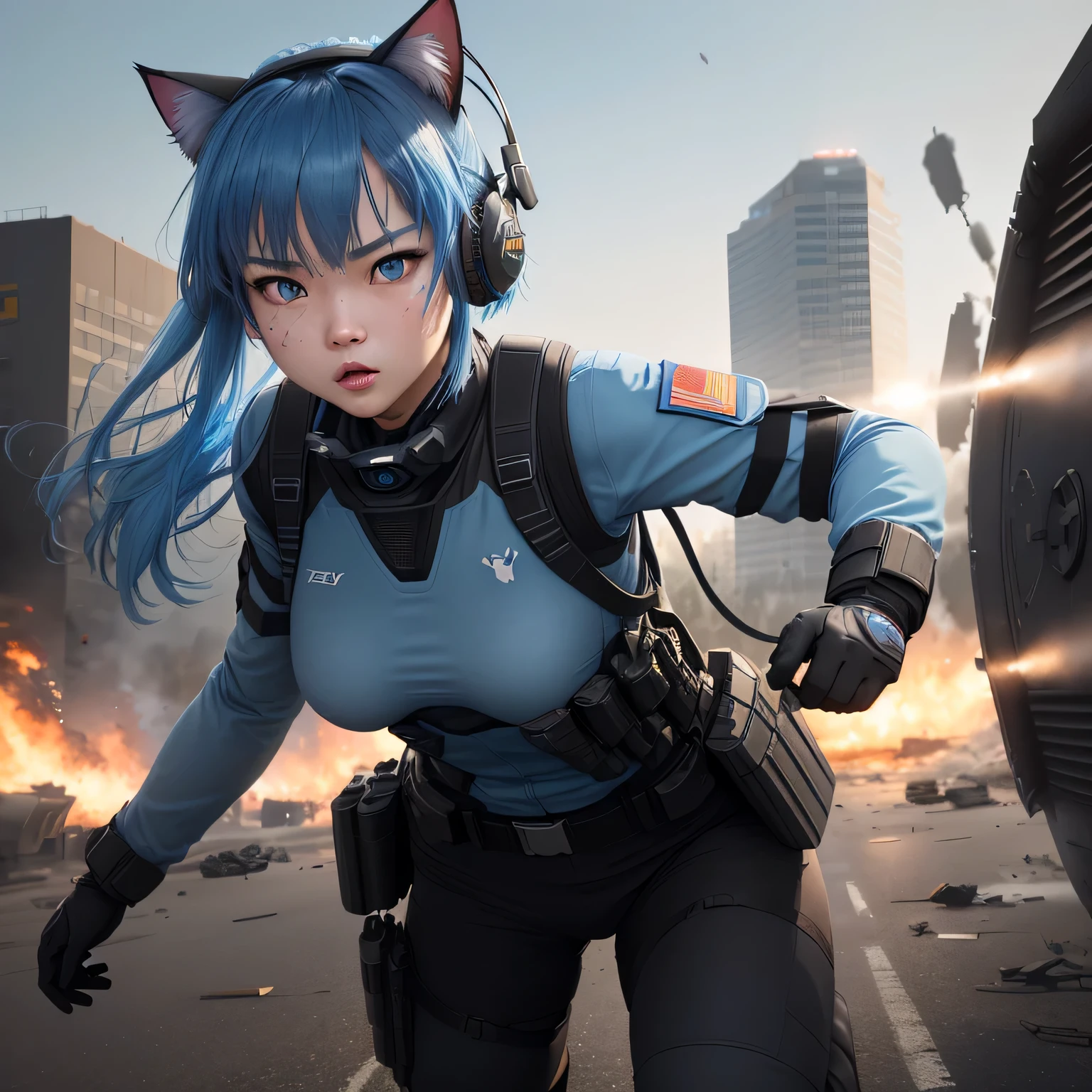 (8k, HDR, RAW photo, best quality, masterpiece:1.2, cinematic lighting), close up view, cinematic view, cinematic angle, a scene of battlefield, (Korean woman fight in battlefield), military, combat pose, solo, (thin face), realistic beautiful face, very detailed face, shocked expression, (bob cuts hair), ((sky blue hair)), path traced hair, (sky blue cat ears), ((sky blue eyes)), beauty eyes, (flat chest), (small breast), ((tactical black headset)), black camo uniform, black shoulder pads, black tactical vest, black armor pads, tactical socks, black tactical pants, detailed and complex busy background, barricade, shooting, bullet rain, fire, explosion, (Battlefield:1.3), look up, upper body