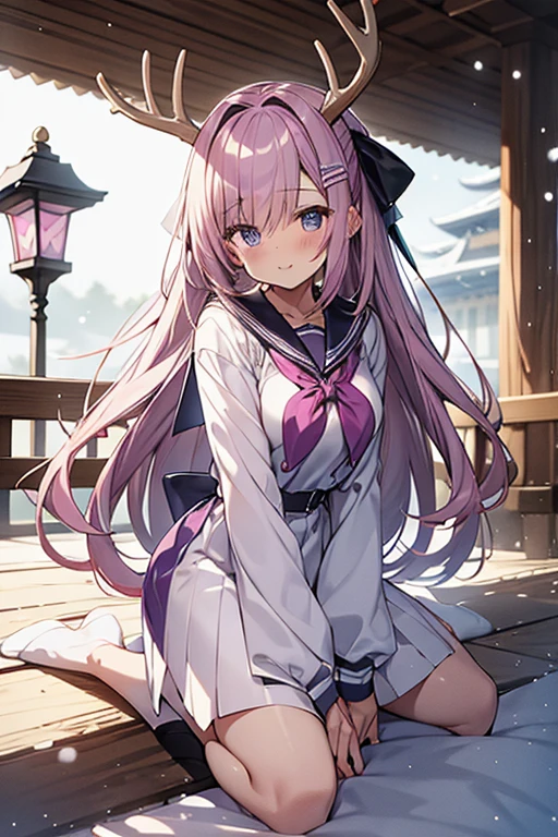 unparalleled beauty,perfect face、、(purple and pink gradation hair、wavy hair),perfect eyes、old-fashioned costume、retro style、snow scene、white breath、Deer antlers grow from the head、uniform、sailor suit、ファッションmodel、model、、white rabbit、、Five-storied Pagoda、、Full body Esbian,