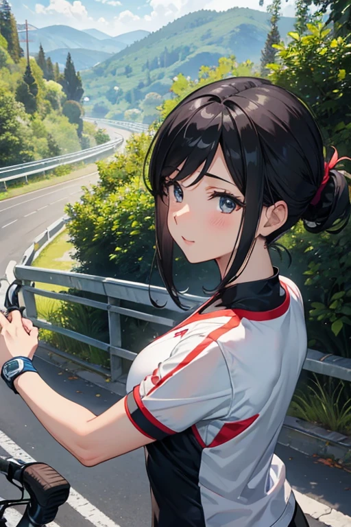 beautiful mature woman、rides a bike、Road bike、players、upper body、Landscape