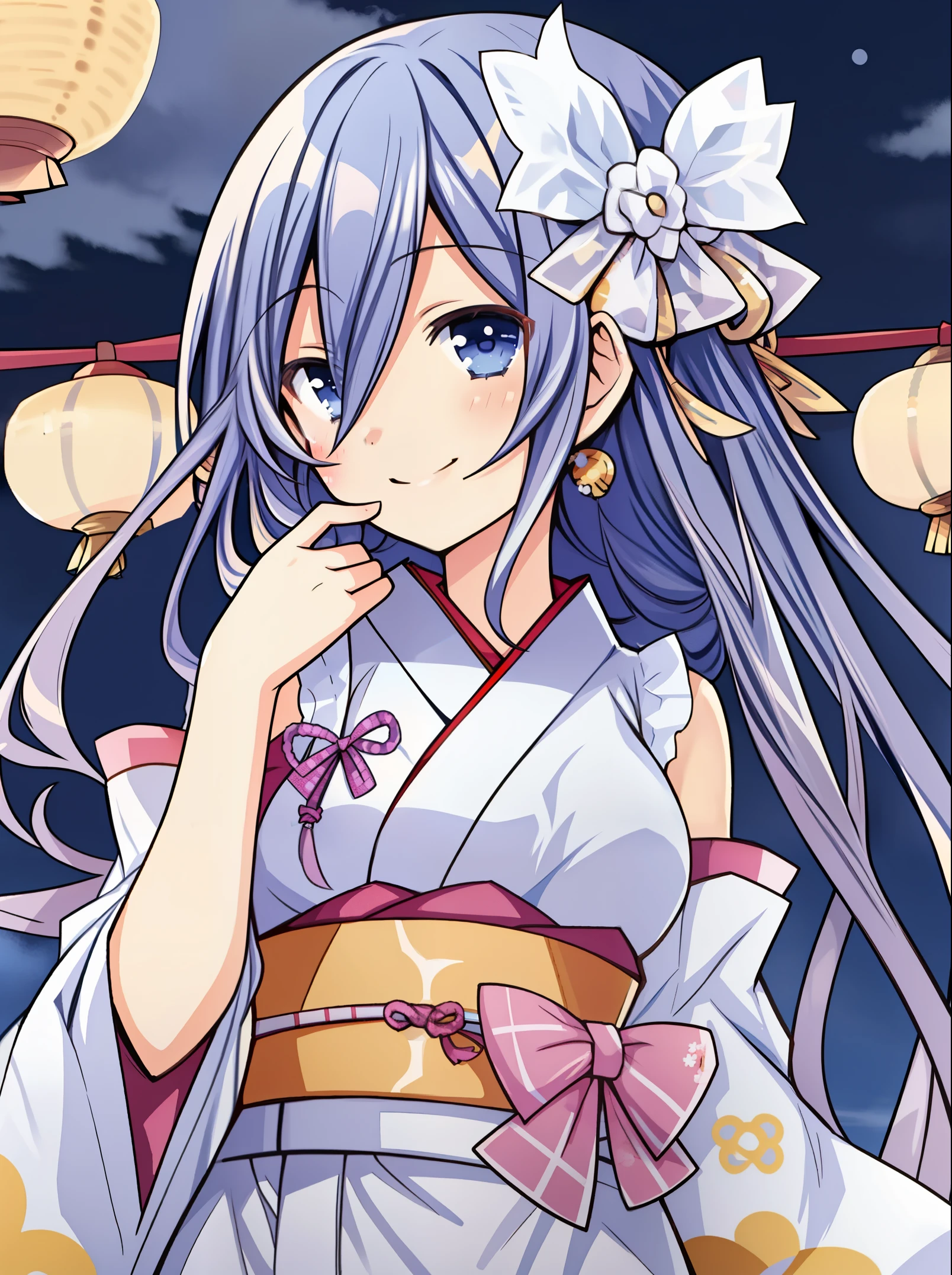 Takamiya Mio, ultra high quality, 1girl, solo, beautiful girl, light smile, open eyes, detailed eyes, girl wearing a kimono, pretty anime girl, night, pale blue hair, long hair, bangs, kimono, festival, untied ribbon