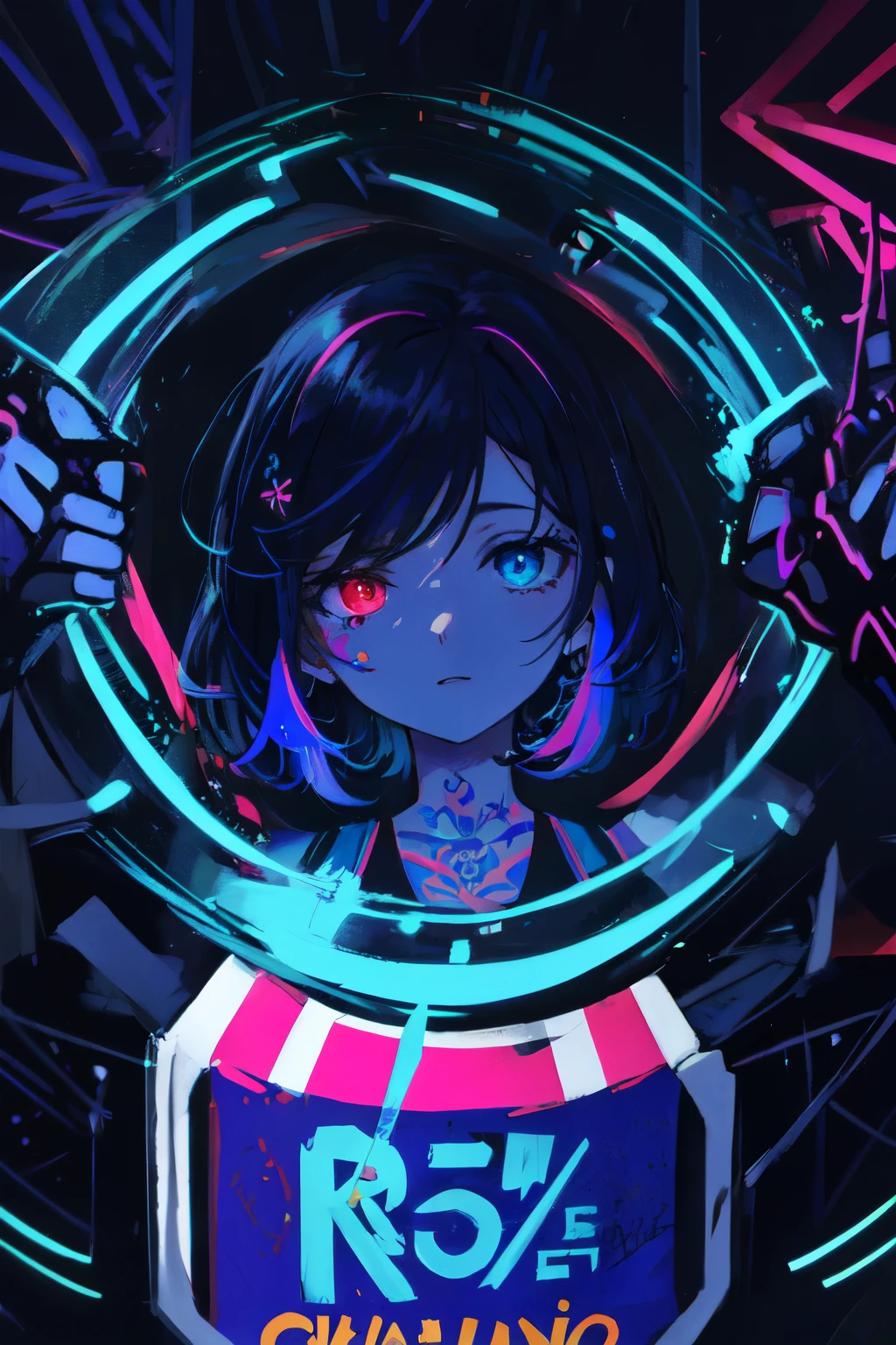 mejor calidad, Detalles intrincados, chromatic aberration,
1 chica, pelo largo, pelo negro, pelo despeinado, reflejos rojos, pelo sobre un ojo, ojos rojos, ojos afilados,
gargantilla, Neon Shirt, Ropa de pierna rasgada, chaqueta abierta,
contra la pared, Pared de ladrillo, pintada, brilloing grafiti, brilloing tattoos, brillo, neon lights,
Blacklight,