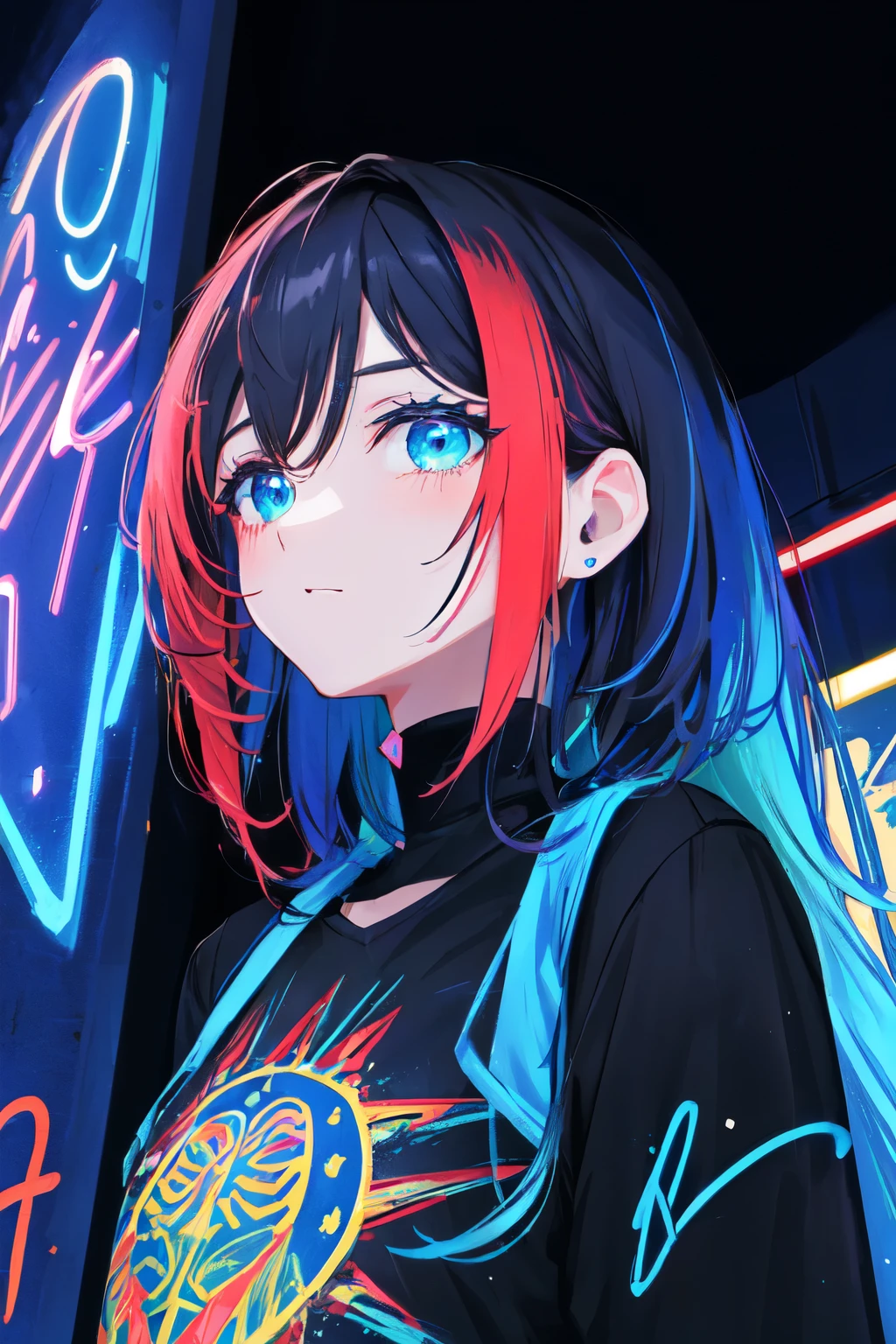 mejor calidad, Detalles intrincados, chromatic aberration,
1 chica, pelo largo, pelo negro, pelo despeinado, reflejos rojos, pelo sobre un ojo, ojos rojos, ojos afilados,
gargantilla, Neon Shirt, Ropa de pierna rasgada, chaqueta abierta,
contra la pared, Pared de ladrillo, pintada, brilloing grafiti, brilloing tattoos, brillo, neon lights,
Blacklight,