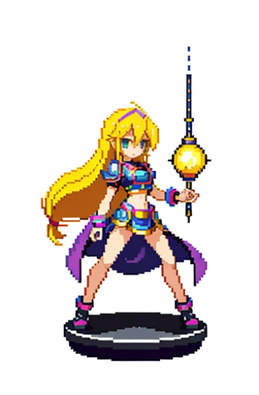 masterpiece, top quality, best quality), pixel,pixel art, 1 girl, libra girl, yugioh, fullbody, no background, long hair, blonde, balance of justice,