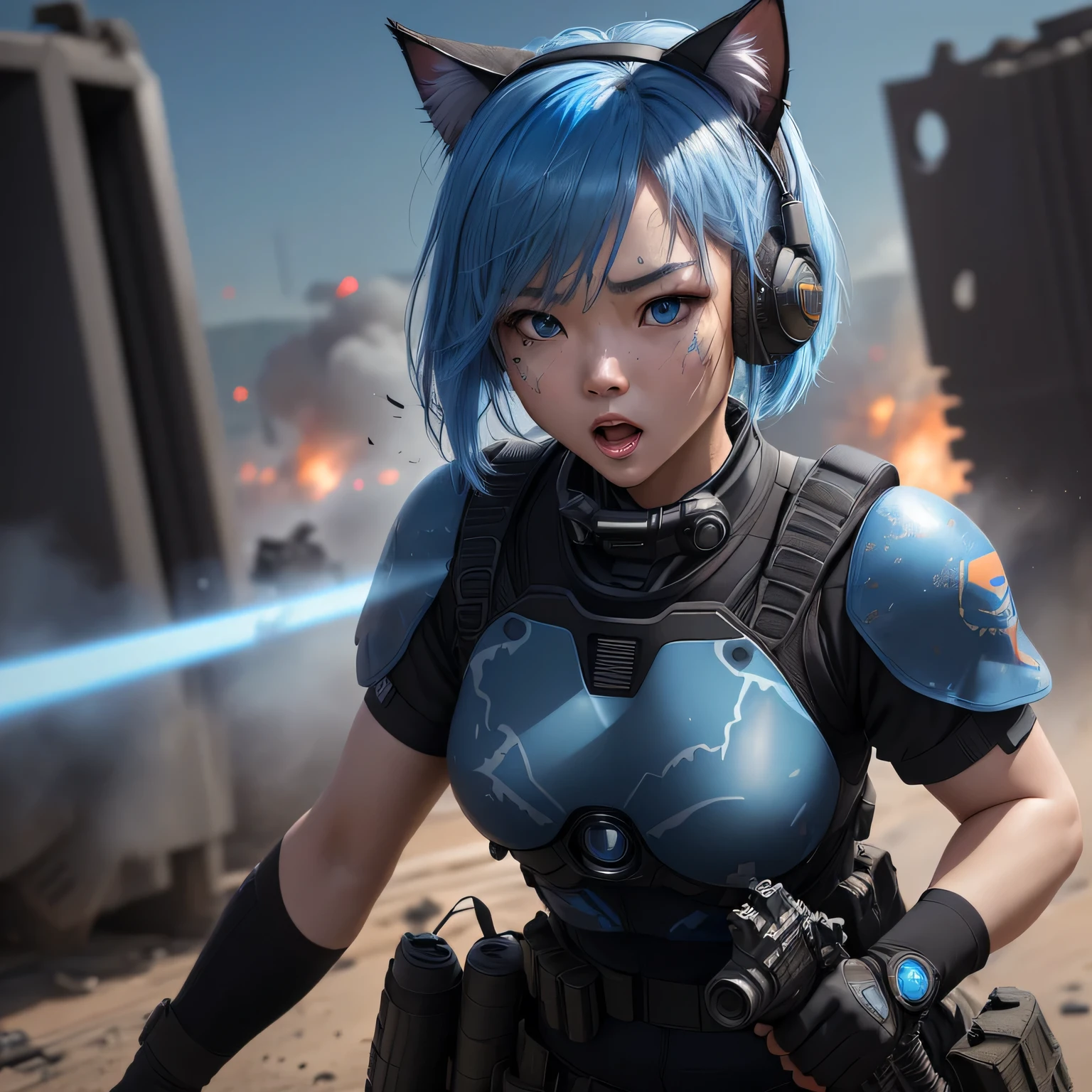 (8k, HDR, RAW photo, best quality, masterpiece:1.2, cinematic lighting), close up view, cinematic view, cinematic angle, a scene of battlefield, (Korean woman shot with shotgun in battlefield), military, combat pose, solo, (thin face), realistic beautiful face, very detailed face, shocked expression, open mouth, (bob cuts hair), ((sky blue hair)), path traced hair, (sky blue cat ears), ((sky blue eyes)), beauty eyes, (flat chest), (small breast), ((tactical black headset)), black camo uniform, black shoulder pads, black tactical vest, black armor pads, tactical socks, black tactical pants, detailed and complex busy background, barricade, shooting, bullet rain, fire, explosion, (Battlefield:1.3), look up, upper body