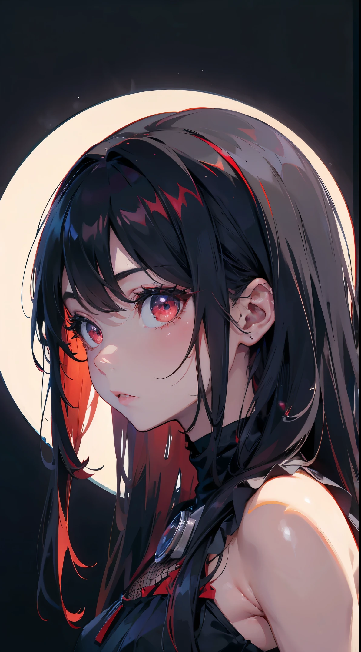 (Best Quality,4K,High resolution), 18yo woman, Red mesh hair on black hair, Shiny long straight hair, Innocence，sharp eye、red eyes、small nose、eye liner、 Luxury Black Silk Babydoll、Lonely face、Shoku、profile、slenderbody、Comical appearance，comic strip，animesque，Deformed cute illustration、Delicately expresses realistic skin texture、Muscle texture reproduction、Knife Art