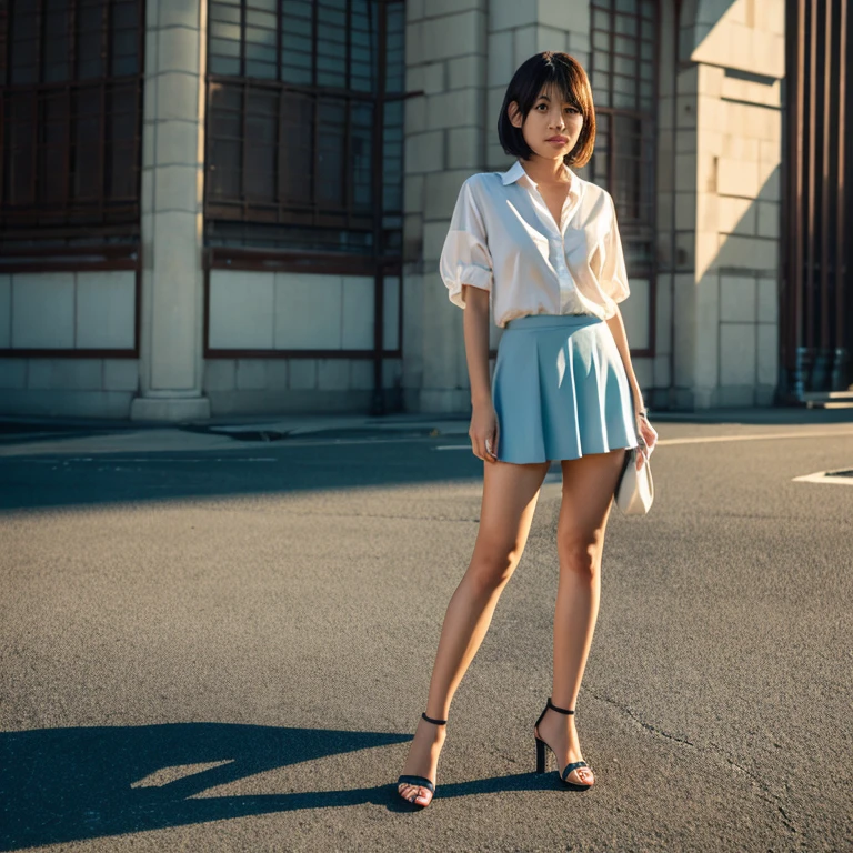mix4, 20d, solo, short_hair, shirt, high_heels,full_body, look_at_viewer, (8k, RAW photography, top quality, masterpiece:1.2), (realistic, photorealistic:1.37), professional lighting, photon mapping, radiosity,physically based rendering,後ろ姿,背中,暗い髪,ヒール,ワンピース,アジア