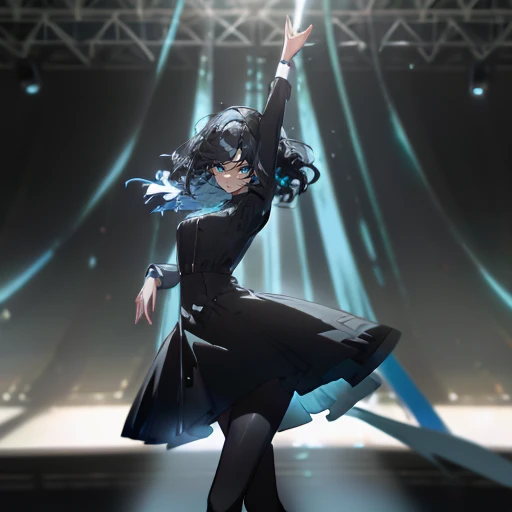 (highest resolution),1 female,1 male,anime, blue eyes,delicate eyes,black hair,1 large blade,Black Mini Dress,suit,Flesh-colored tights,Stage Background,Dancing on stage
