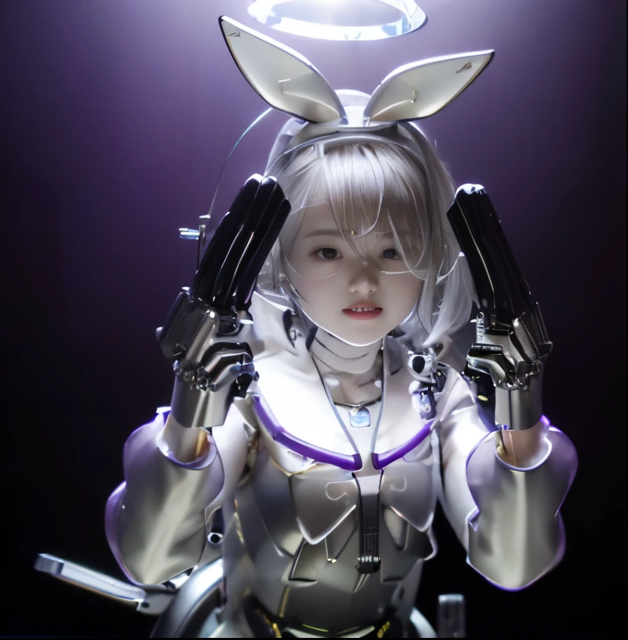 top-quality、masterpiece、超A high resolution、(Photorealsitic:1.4)、Raw photo、1人、Black hair、((Below the neck an all-mechanical skeleton with no skin:1.4))、(((Colorless transparent latex with glamorous female shape covering the body of the machine:1.4)))、((Large transparent resin nipples:1.4))、((super realistic details))、portlate、globalillumination、Shadow、octan render、8K picture quality、ultrasharp、((All mechanical metals are mirrored silver plated.:1.4))、Details of complex ornamentechanical skeleton、Vascular in the tube、highly intricate detail、Realistic light、CGSoation Trends、a purple eye、radiant eyeacing the camera、neon details、Limbs of the machine、Mechanical vertebrae、Mechanical neck、sitting on、Wires and cables connecting to the head、Gundam、Small LED lamp、(Purple lighting from behind:1.2)、