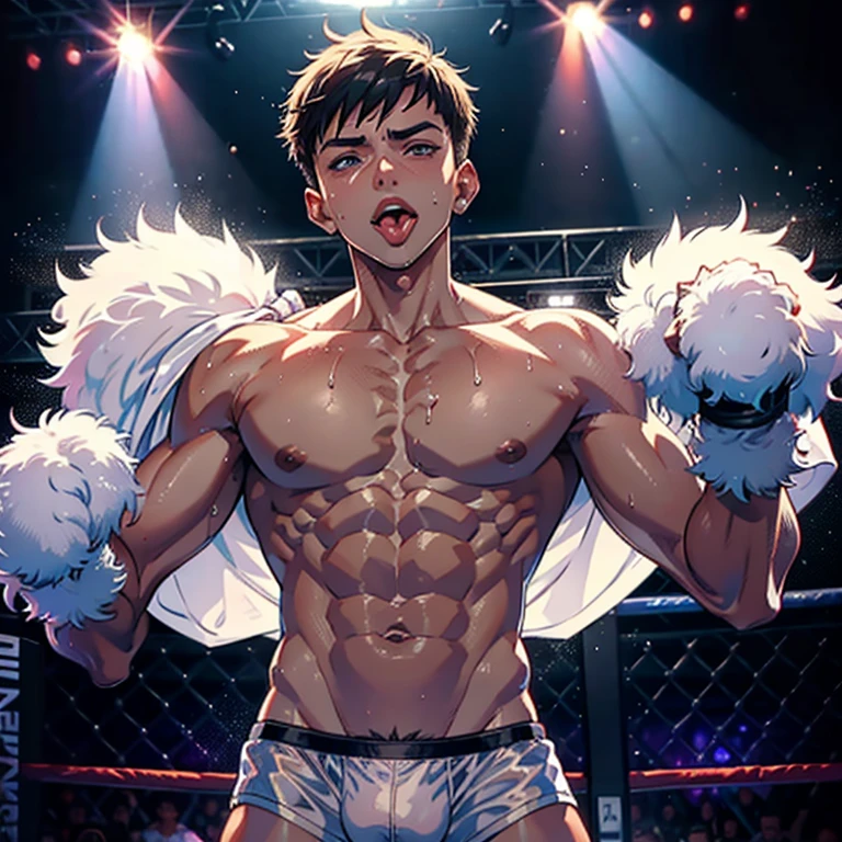Twink boxer with silver underwear lying from his back sweating with a big bulge and with tongue out by a female opponent in the ring