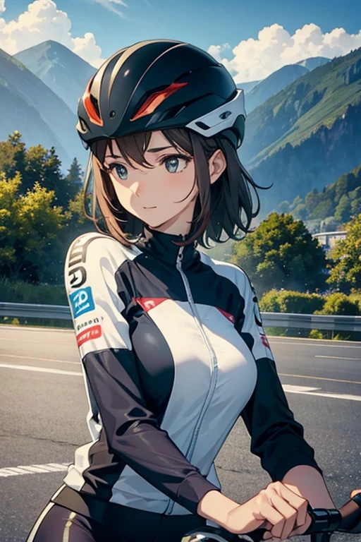 beautiful mature woman、rides a bike、Road bike、players、upper body、Landscape、Helmet