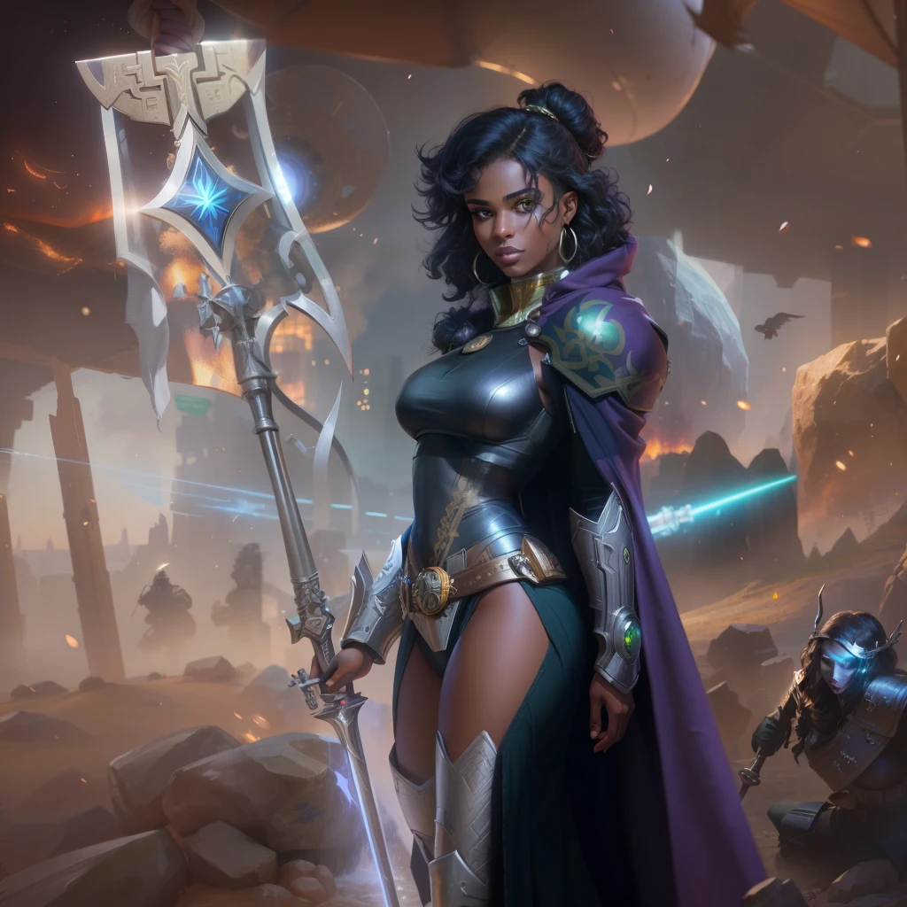 femme arafée dans une cape violette(Black woman with fine nose, black lips, big round eyes, green eyes), (carrying a staff with the Roman symbol of the double-headed eagle), (Long Cape), (Short loose hair, viking haircut (Black Hair shaved on one side)), Warhammer 40K, cyborg, sci-fi, Grimdark (Breast light gray armor), massive boobs (pearky breast), Sit on a rock, drinking a bottle of wine, cosmos background with battlefield blurred and warfog, by artgerm, trend artstation, artgerm et wlop