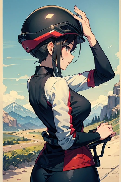 beautiful mature woman、bicycle、mountain bike、players、upper body、back view、Helmet