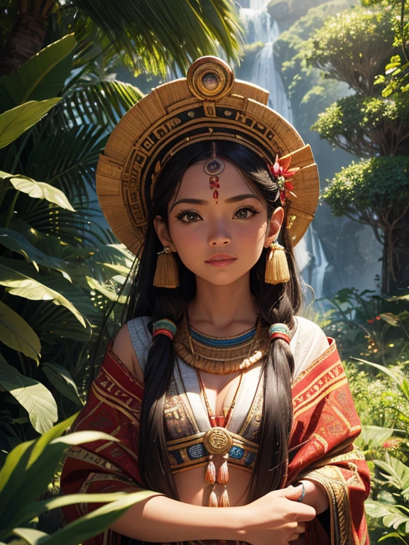 ((best quality)), (detailed), (vivid color), beautiful Mayan woman, (in front of the Mayan calendar), Mayan calendar, in the jungle, south American, Mayan, tribal, HDR, 4K, 3D