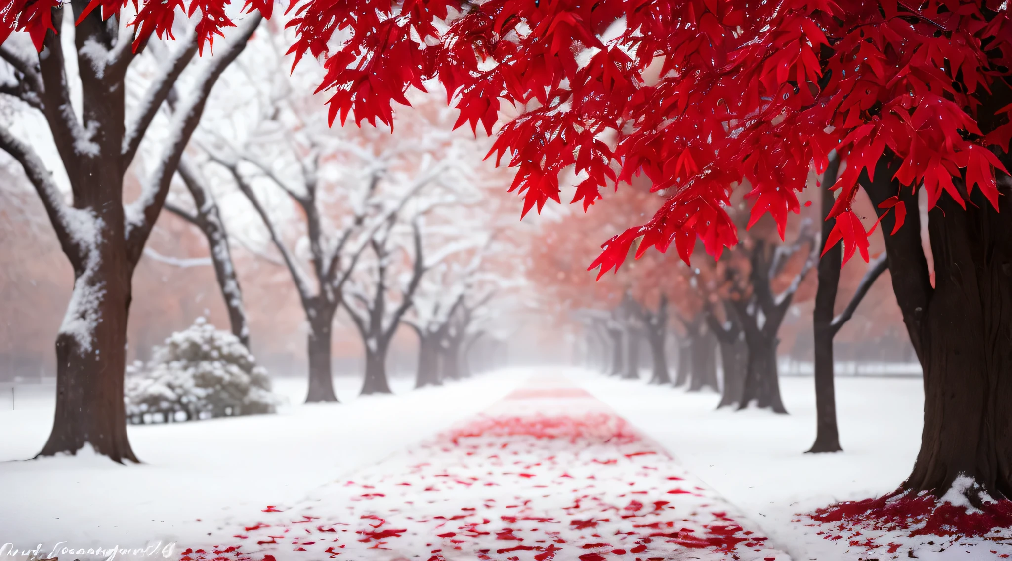 trees with red leaves on them in a snowy park, with snow covered colourful red, red leaves on the ground, red and white colors, magical leafs falling, autumn season, red trees, beautiful wallpaper, red and white color theme, glimpse of red, snow fall, dusting of snow, light snow, light snowfall, red leaves, snowing