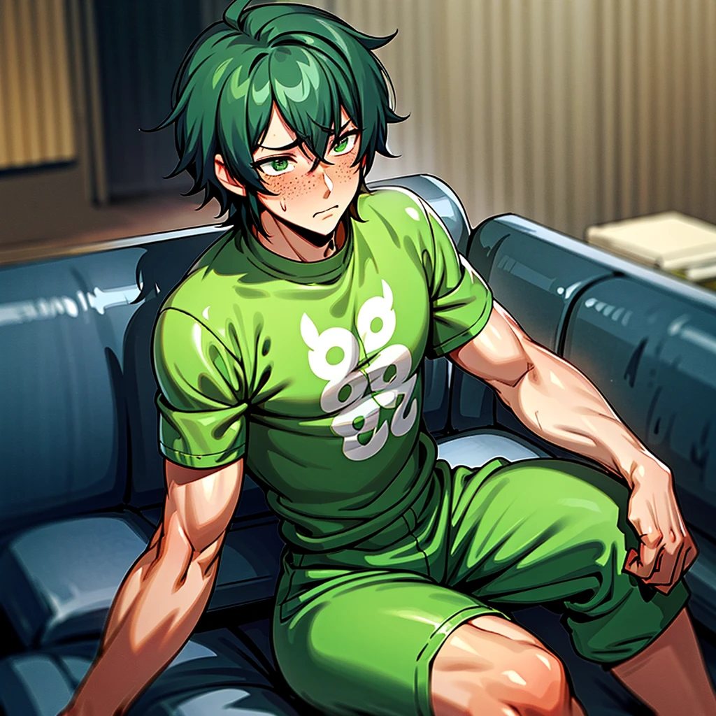 perfect body,Long, black mess hair,anime guy, dressed like a bounty hunter,has freckles, whole body covered in freckles,Emerald green eyes,has scars,A soft, kind gaze,average body, relaxing on a couch, sitting on the couch, anime, anime guy, he him,messy hair, messy hair, looks like a guy, looking at you,love you,Lovingly looking, extremely messy hair, almost like he doesn’t even touch his hair, dark green T-shirt, jet black sweats pants,Black hair, blushing,wearing sweatpants, just by himself