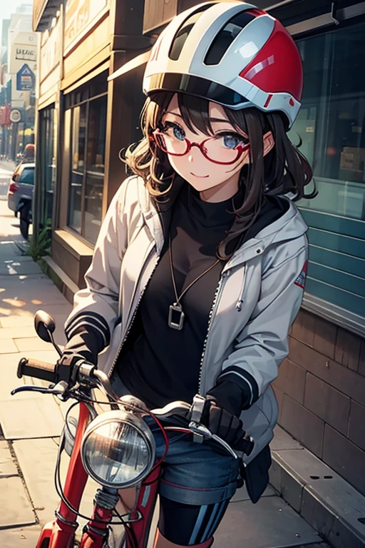 Beauty、Glasses、Helmet、rides a bike