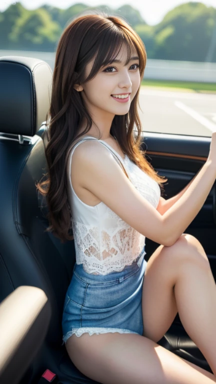 (masterpiece:1.2), (highest quality:1.3), 4k, 8k, 16K, 32K, (UHD:1.5), (realistic:1.5), (photorealistic:1.5), (ultrarealistic:1.3), (Highly detailed CG Unity 8k wallpaper:1.2), (professional photography:1.5), Super detailed, (High resolution: 1.5), (beautiful skin: 1.2), (white skin:1.3), (very sharp focus: 1.5), (very sharp fork:1.5), (beautiful and cute face:1.3), (ultra-detailed background, detailed background:1.3), Bokeh, Depth of written boundary, break, Photo of extremely cute and beautiful Japanese woman, Portrait of a bright smiling girl, (full body image), Magazine photo lighting with symmetrical composition:1.3), (cinematic light:1.3), (Backlight*1.3), full cover lighting, look straight at you with serious eyes,sexy model posing, break, (Chestnut half up hair:1.2), dark brown eyes, beautiful eyes, princess eyes, mahogany hair, one hair, bangs, thin, (big breasts), (tight waist:1.15), , (detailed beautiful girl:1.4), highest quality, woman, , (Details Lace Queen Costume:1.3), (orange show-shorts:1.3), (Beautiful sunset suzuka circuit view background:1.2), (toothy smile:1.3), (light smile:1.1), ((完璧なwomanの体)), (full body image:1.3), frame head, 、(sitting in the car)、(sitting on the hood of the car and smiling)、(Angle shot from the side:1.3)、(facing left)、