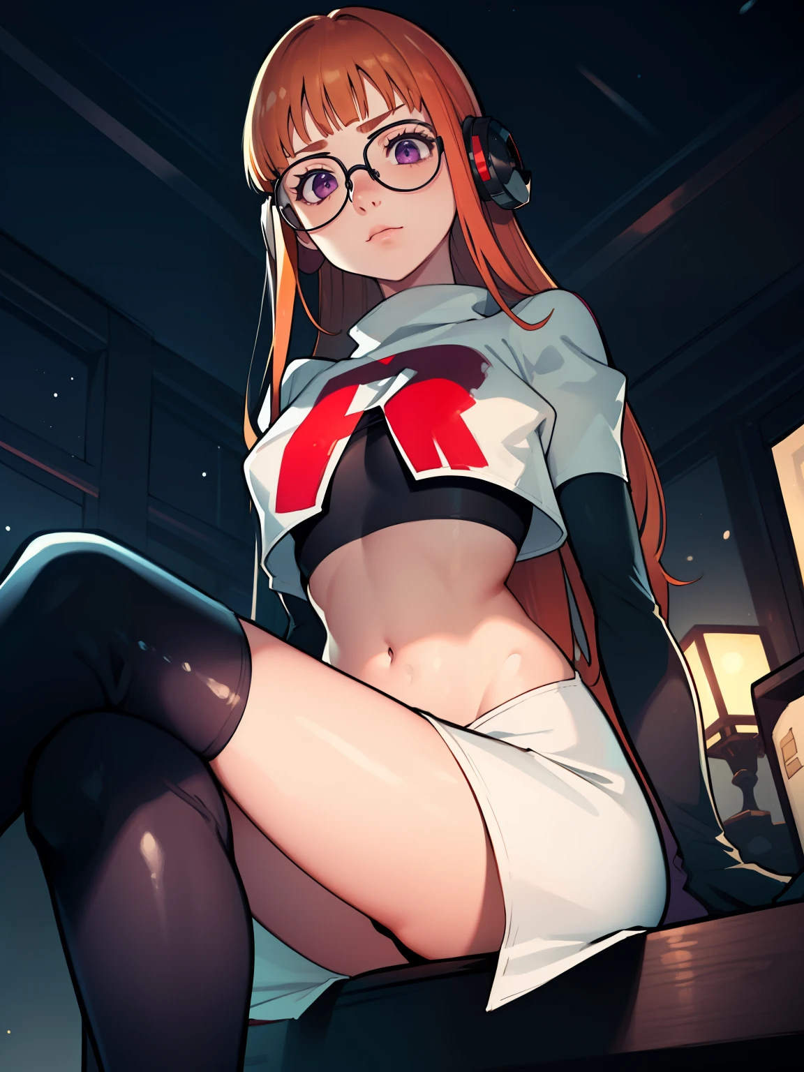 futaba sakura, orange hair, long hair, purple eyes, glasses,glossy lips ,team rocket uniform, red letter R, white skirt,white crop top,black thigh-high boots, black elbow gloves, sinister villianess look, looking down on viewer, sitting ,crossed legs, night sky background