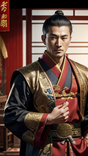oriental、man in ancient chinese clothes、ancient chinese hairstyle man、three kingdom、multiple warlords、highest quality、masterpiece、Super high resolution、(photoreal:1.4)、Game Posters、inside the house、