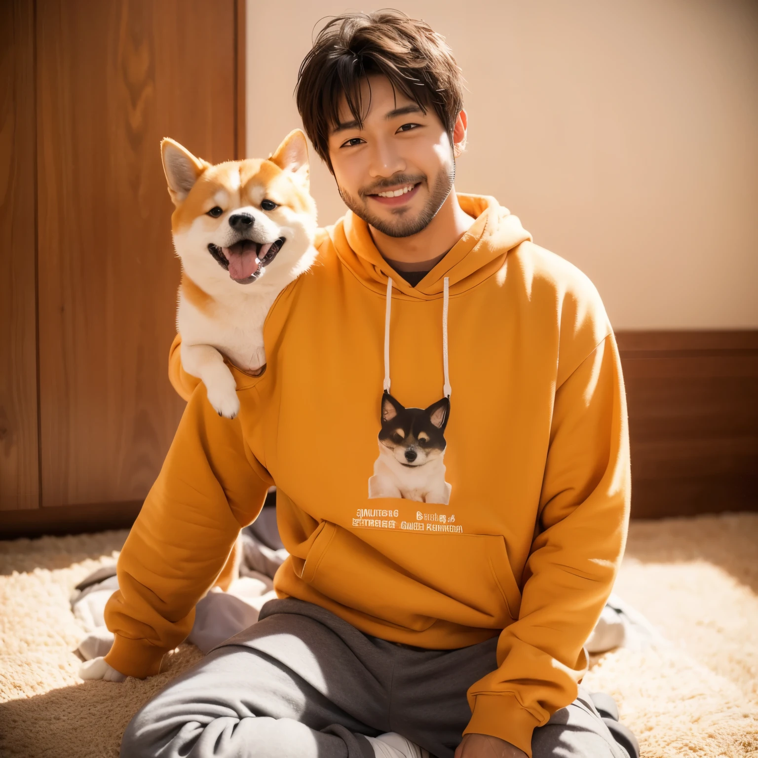 Shiba Inu,Humanoid,male,Wear a sweatshirt,Smile