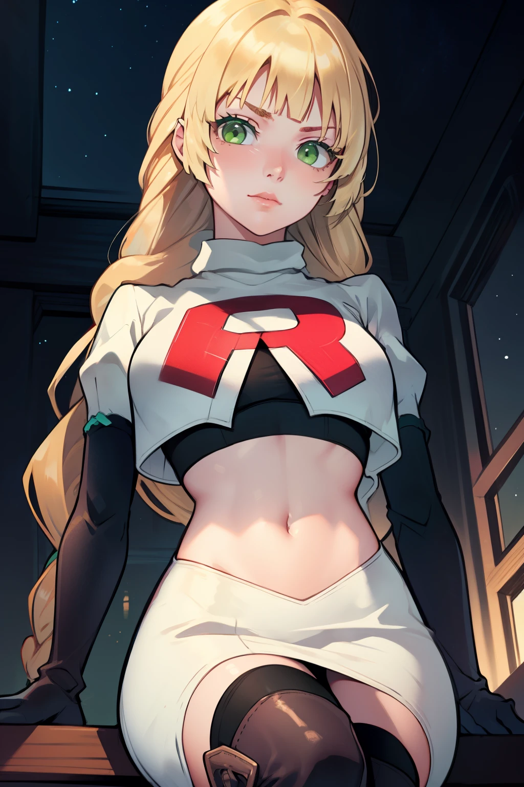 defIngrid, bangs, braided ponytail, green eyes, glossy lips ,team rocket uniform, red letter R, white skirt,white crop top,black thigh-high boots, black elbow gloves, sinister villianess look, looking down on viewer, sitting ,crossed legs, night sky background