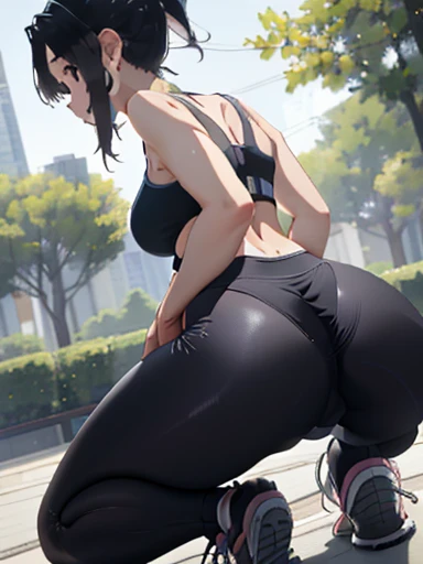 (highest quality、masterpiece、8K)、(((close-up shot of hip)))、(huge ass)、(low angle shot)、((Symmetrical))、(yoga pants)、(sports bra)、back、ponytail、nape、squatting、spread legs、sneakers、training gym