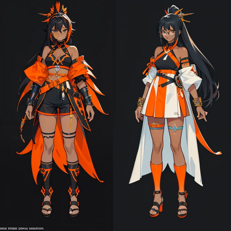 (((concept Art))), (((One character))), Female, (((Dark Skin)))), Black Hair with Ponytail, Light Blue Eyes, Round Glasses with a Slightly Dark Lens with this Lens being Orange, and the Light Blue Color frame, ((Black Metallic Gauntlets and Greaves with Orange and Silver Highlights)), (((The Clothes Have a Mix of Modern and Tribal))), (((The Clothes Have a Mix of Modern and Tribal))),  having mostly the color black, but having parts in orange, shoulders exposed, at the hip a shorts that extend to half of the thigh of black color.