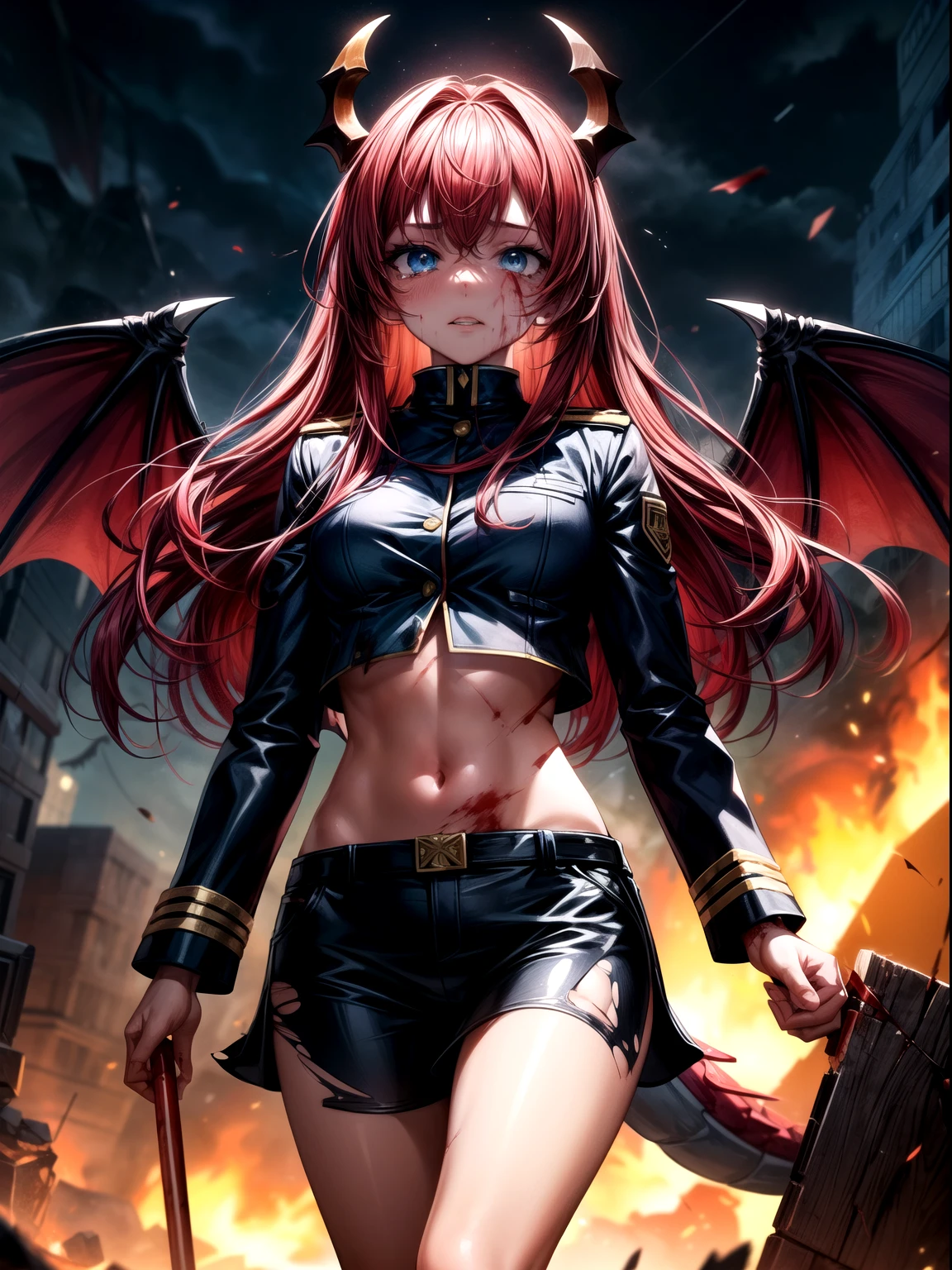 masterpiece, best quality,1girl,black military uniform,wide hips, red hair,long hair,floating hair, blue eyes, debris,close-up, walking, explosive in background,fire in background,holding polearm, dragon horns,( dragon wings),dragon tail, (blood on face),(torn clothes), blood on clothes, scar, midriff, parted lips, dark sky, storm, injury, blood tears