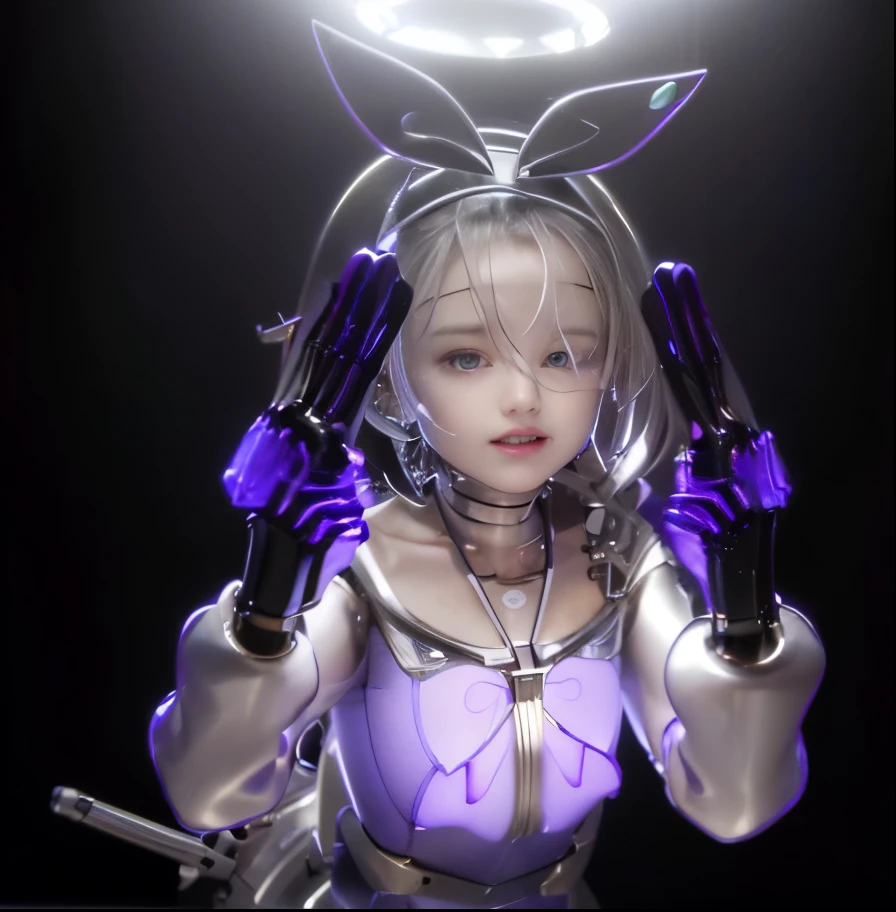 top-quality、masterpiece、超A high resolution、(Photorealsitic:1.4)、Raw photo、1人、Black hair、((Below the neck an all-mechanical skeleton with no skin:1.4))、(((Colorless transparent latex with glamorous female shape covering the body of the machine:1.4)))、((Large transparent resin nipples:1.4))、((super realistic details))、portlate、globalillumination、Shadow、octan render、8K picture quality、ultrasharp、((All mechanical metals are mirrored silver plated.:1.4))、Details of complex ornamentechanical skeleton、Vascular in the tube、highly intricate detail、Realistic light、CGSoation Trends、a purple eye、radiant eyeacing the camera、neon details、Limbs of the machine、Mechanical vertebrae、Mechanical neck、sitting on、Wires and cables connecting to the head、Gundam、Small LED lamp、(Purple lighting from behind:1.2)、