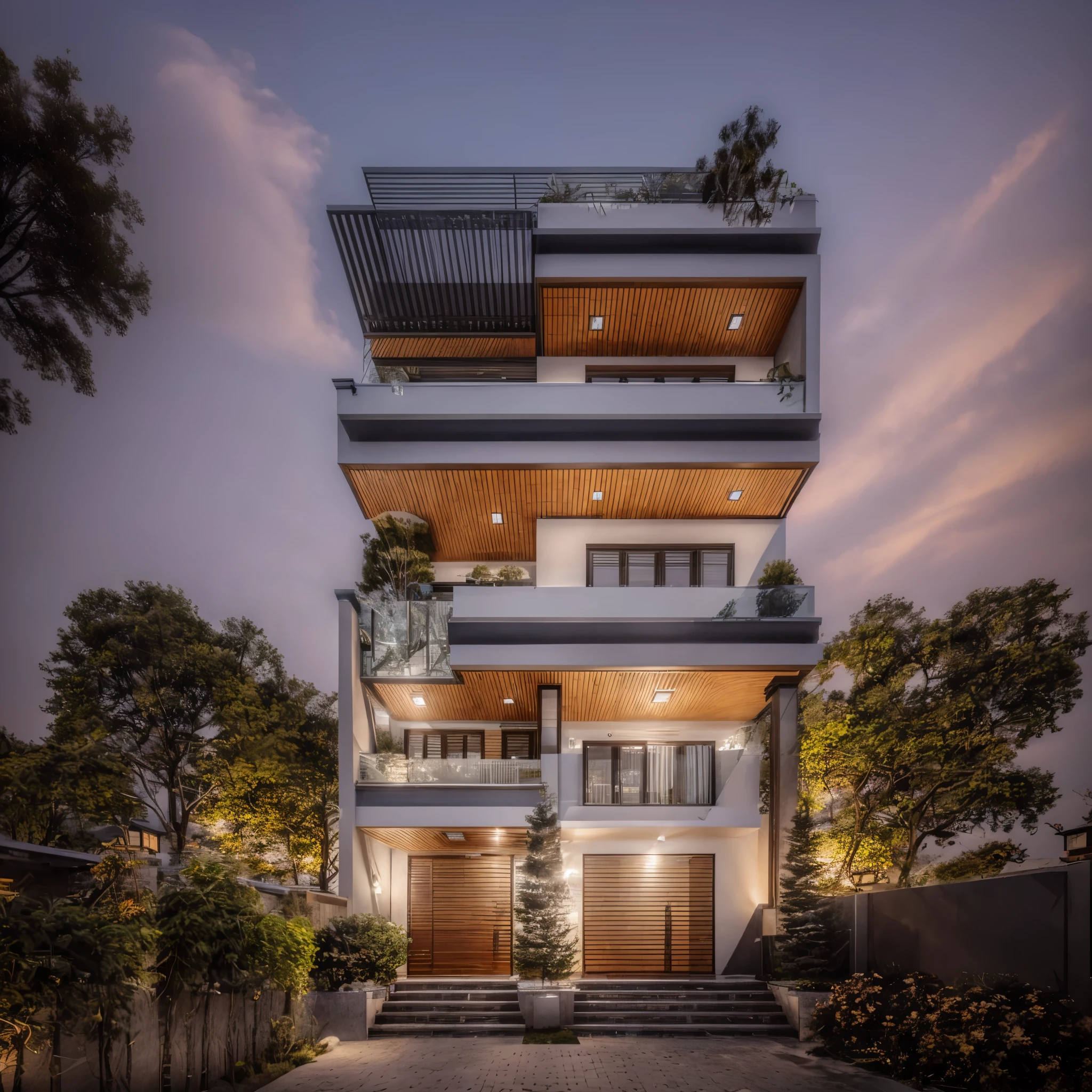 Exterior, house, luxury, modern style, reflective glass material, white wall paint, stone wall, wooden ceiling, in the city, crowded street, many cars, many people, many trees, Trees on the roof, sunrise, empty clouds, 8k, vray images